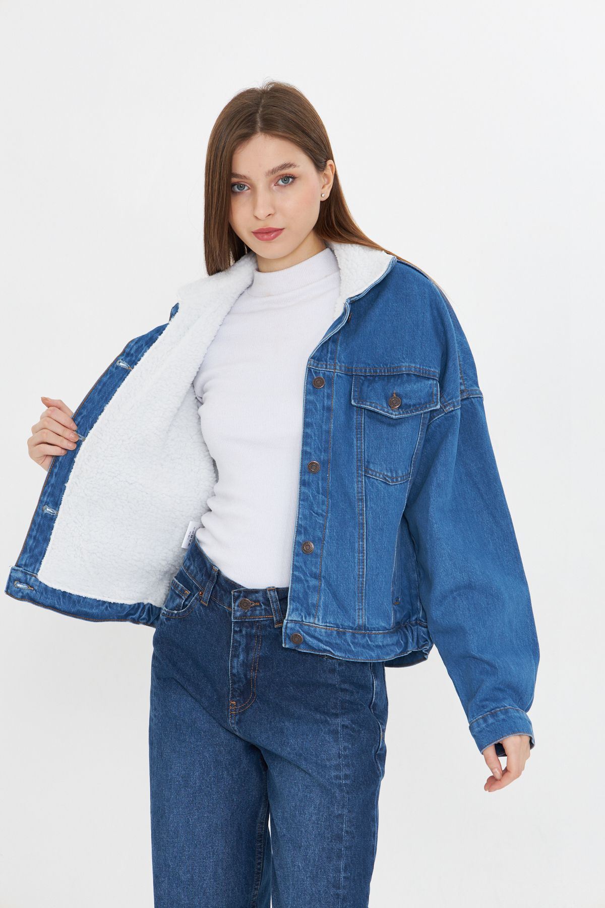 Kadın Jean Trend Kışlık Içi Kürklü Kot Ceket Mavi