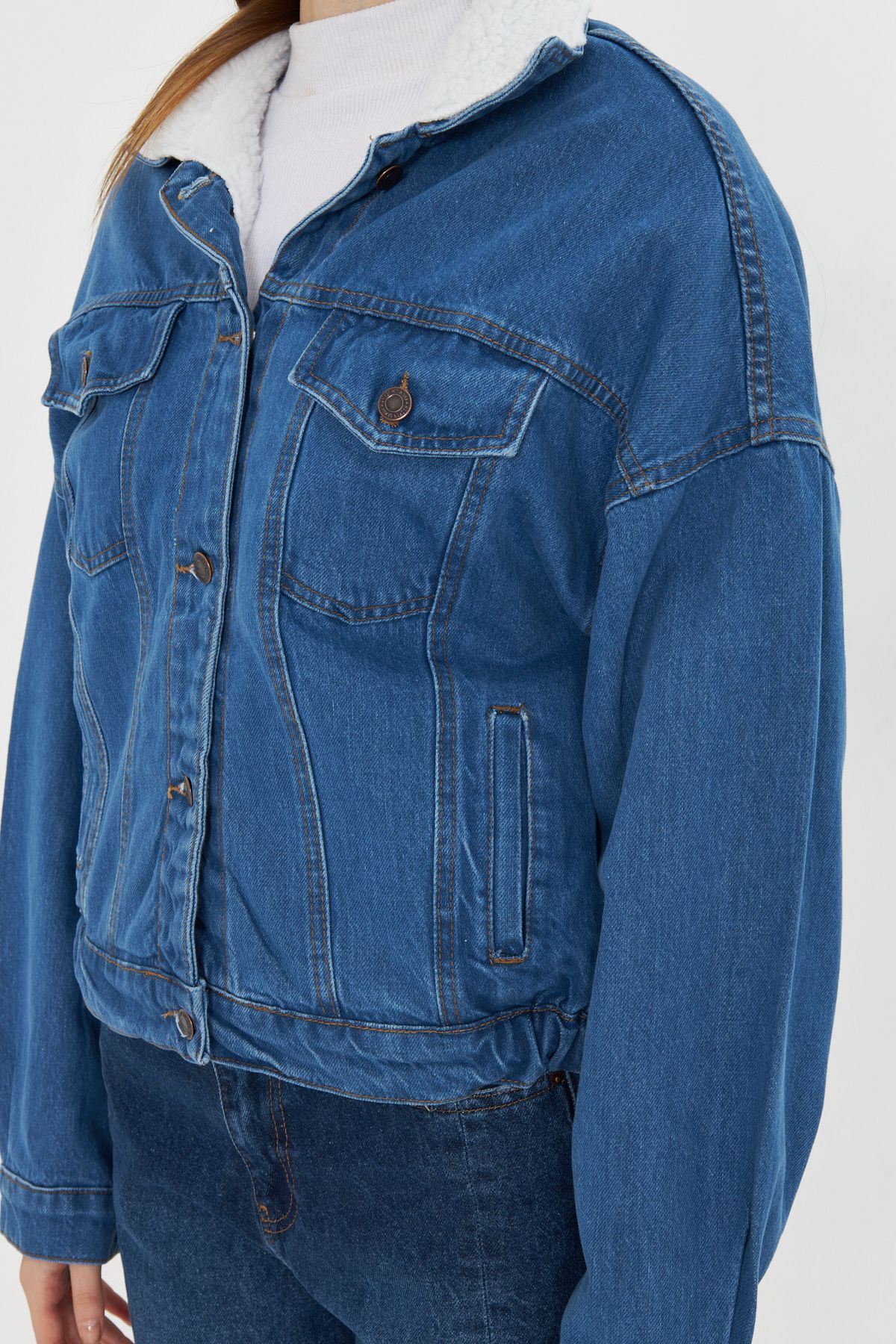 Kadın Jean Trend Kışlık Içi Kürklü Kot Ceket Mavi