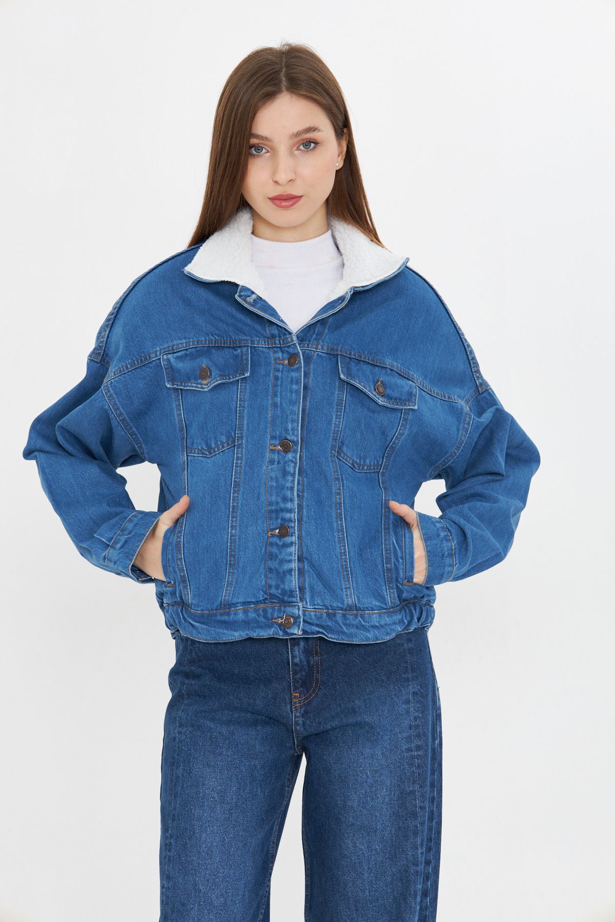 Kadın Jean Trend Kışlık Içi Kürklü Kot Ceket Mavi