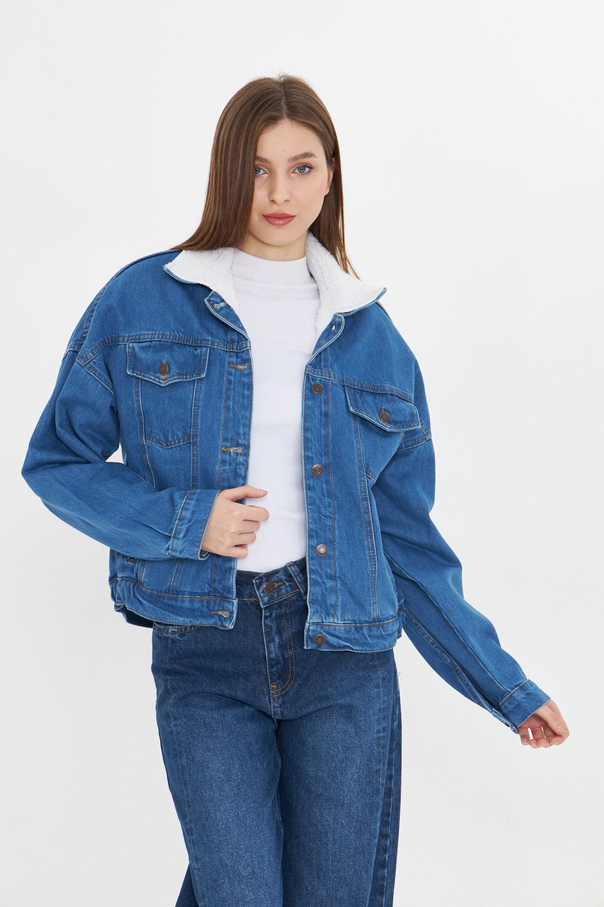 Kadın Jean Trend Kışlık Içi Kürklü Kot Ceket Mavi