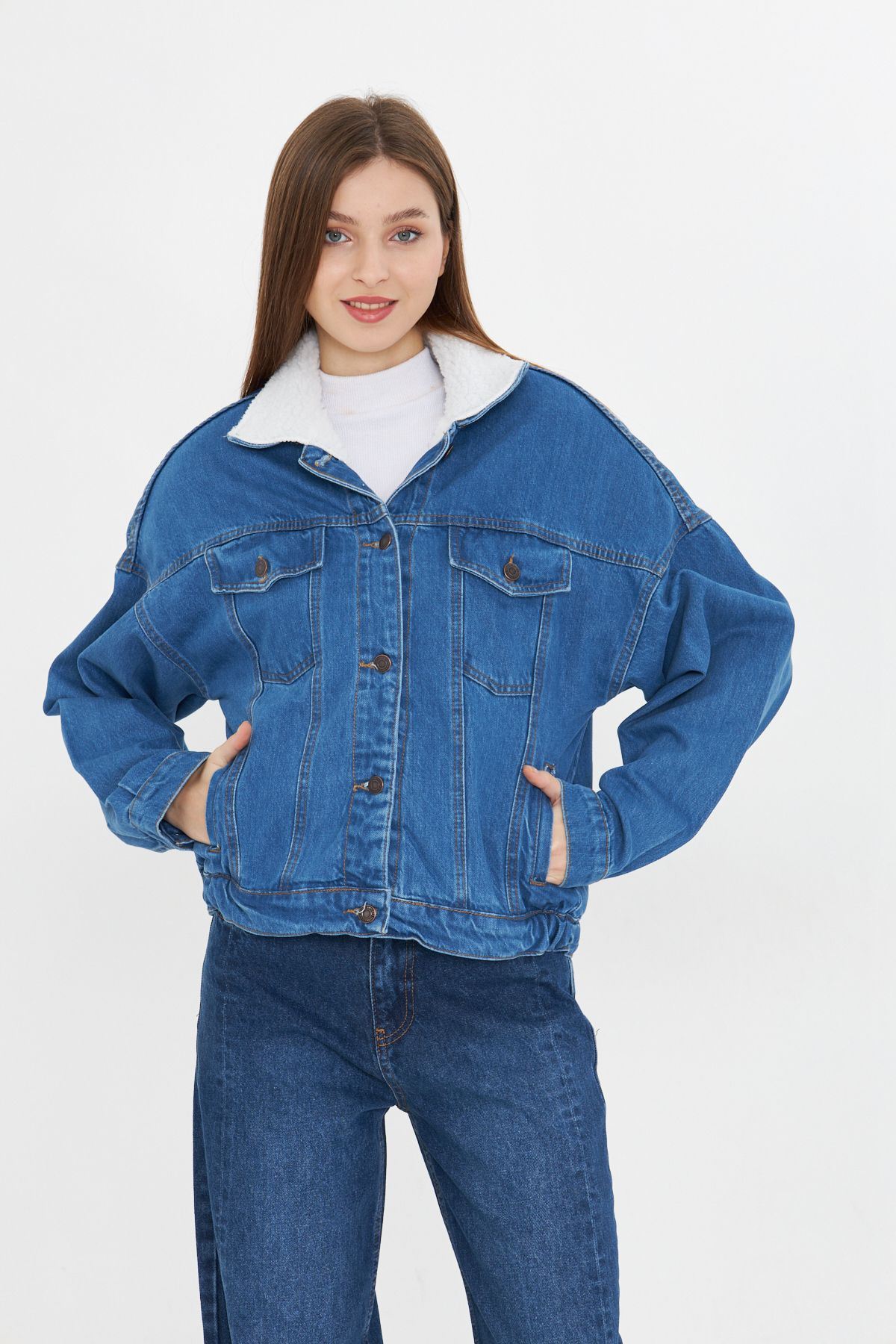 Kadın Jean Trend Kışlık Içi Kürklü Kot Ceket Mavi