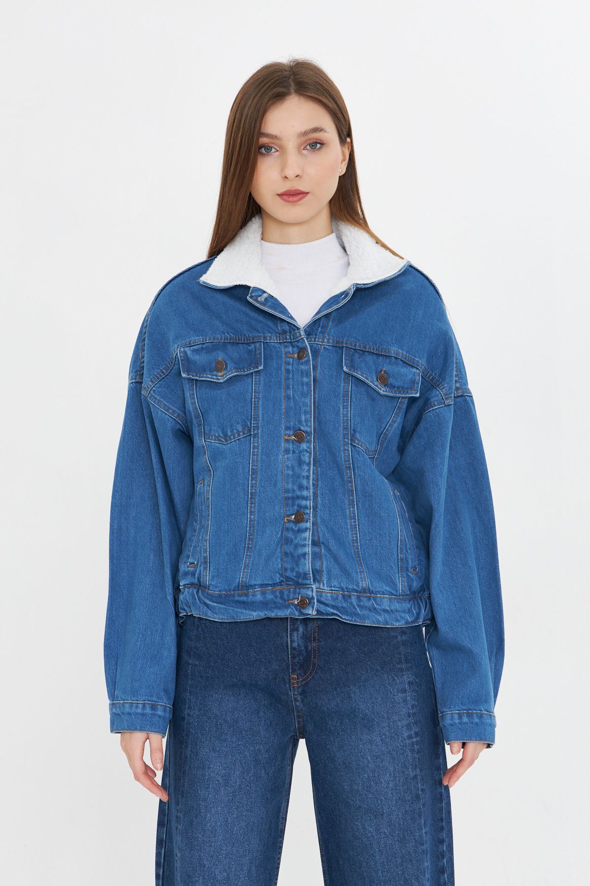 Kadın Jean Trend Kışlık Içi Kürklü Kot Ceket Mavi