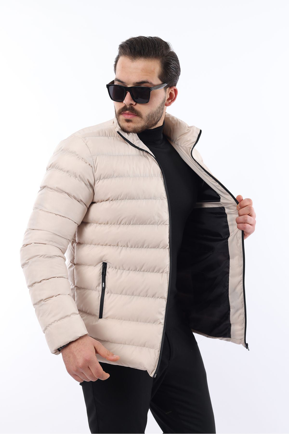 Erkek Trend Fermuarlı Şık Krem Şişme Mont