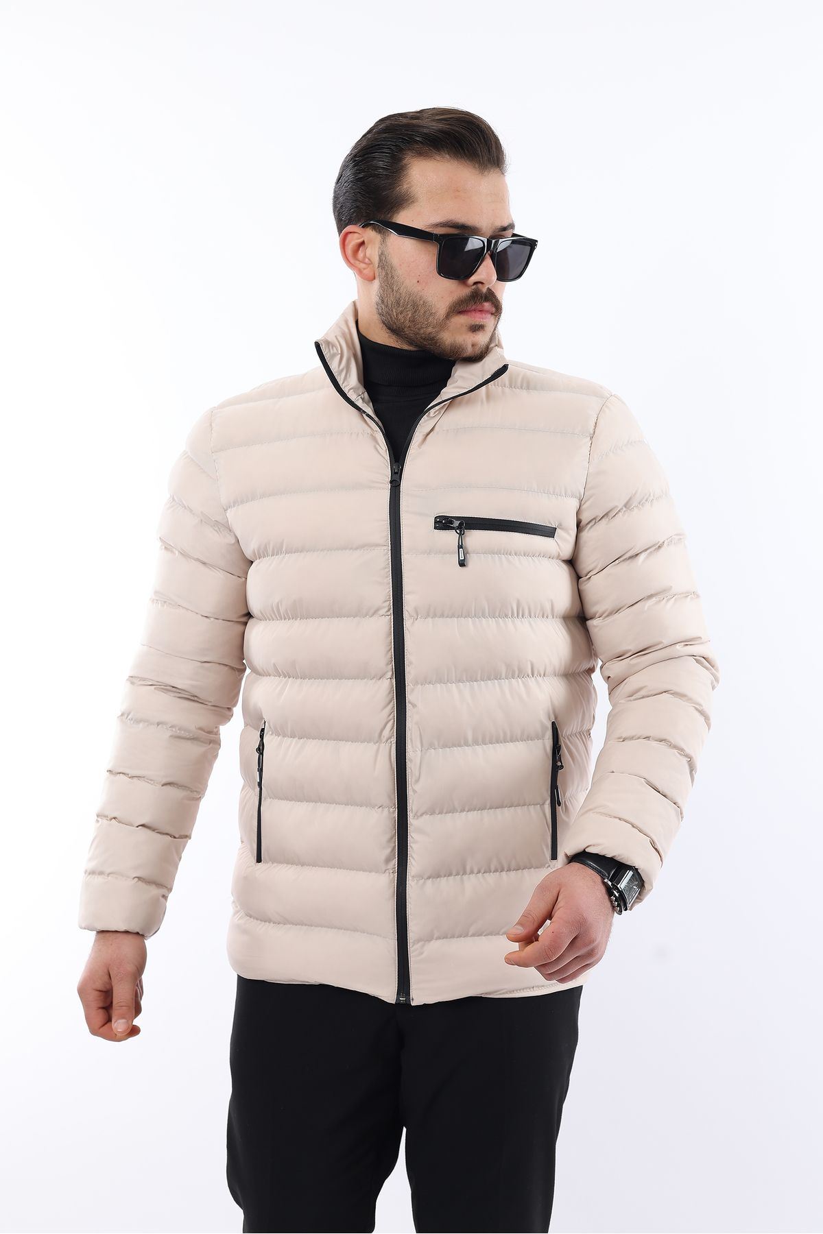 Erkek Trend Fermuarlı Şık Krem Şişme Mont