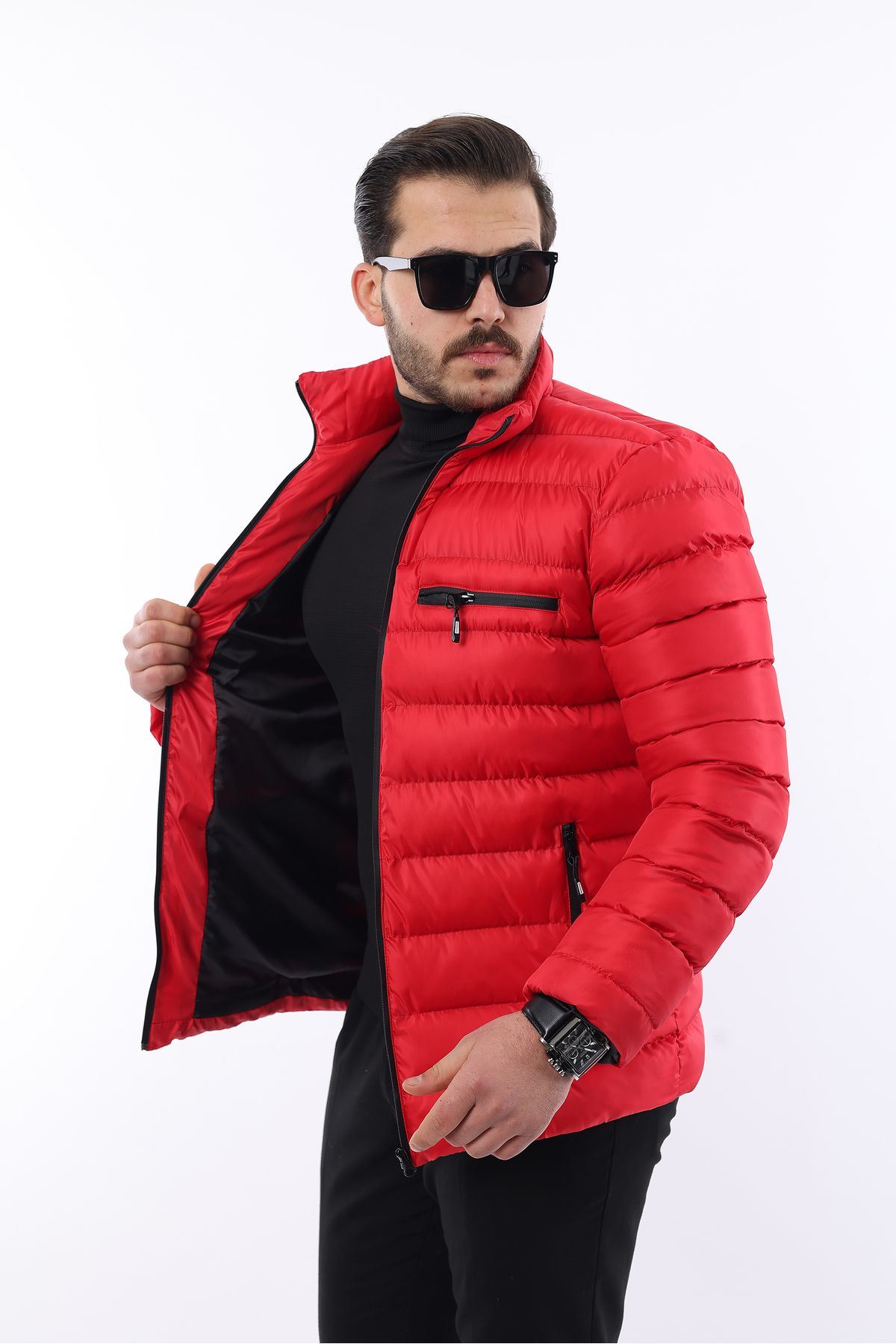 Erkek Trend Fermuarlı Şık Kırmızı Şişme Mont