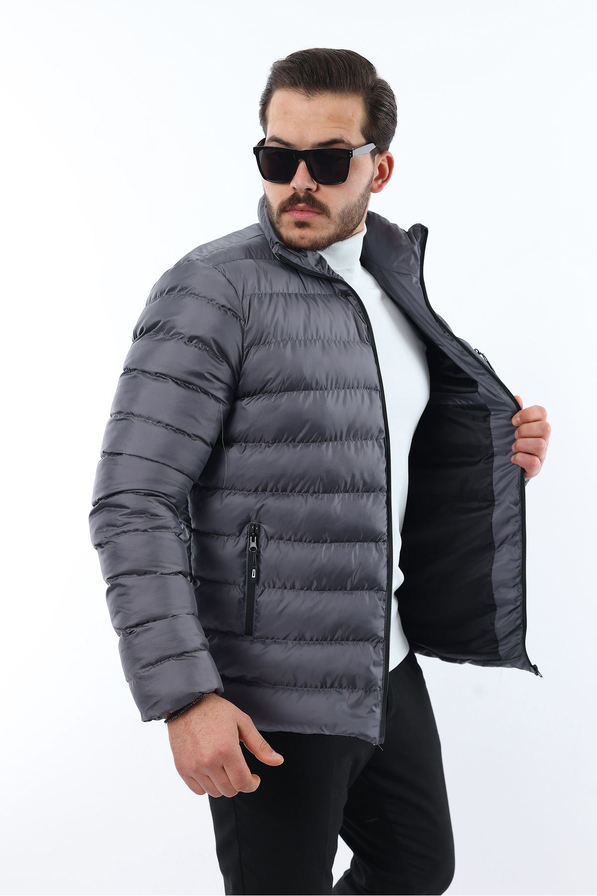 Erkek Trend Fermuarlı Şık Füme Şişme Mont