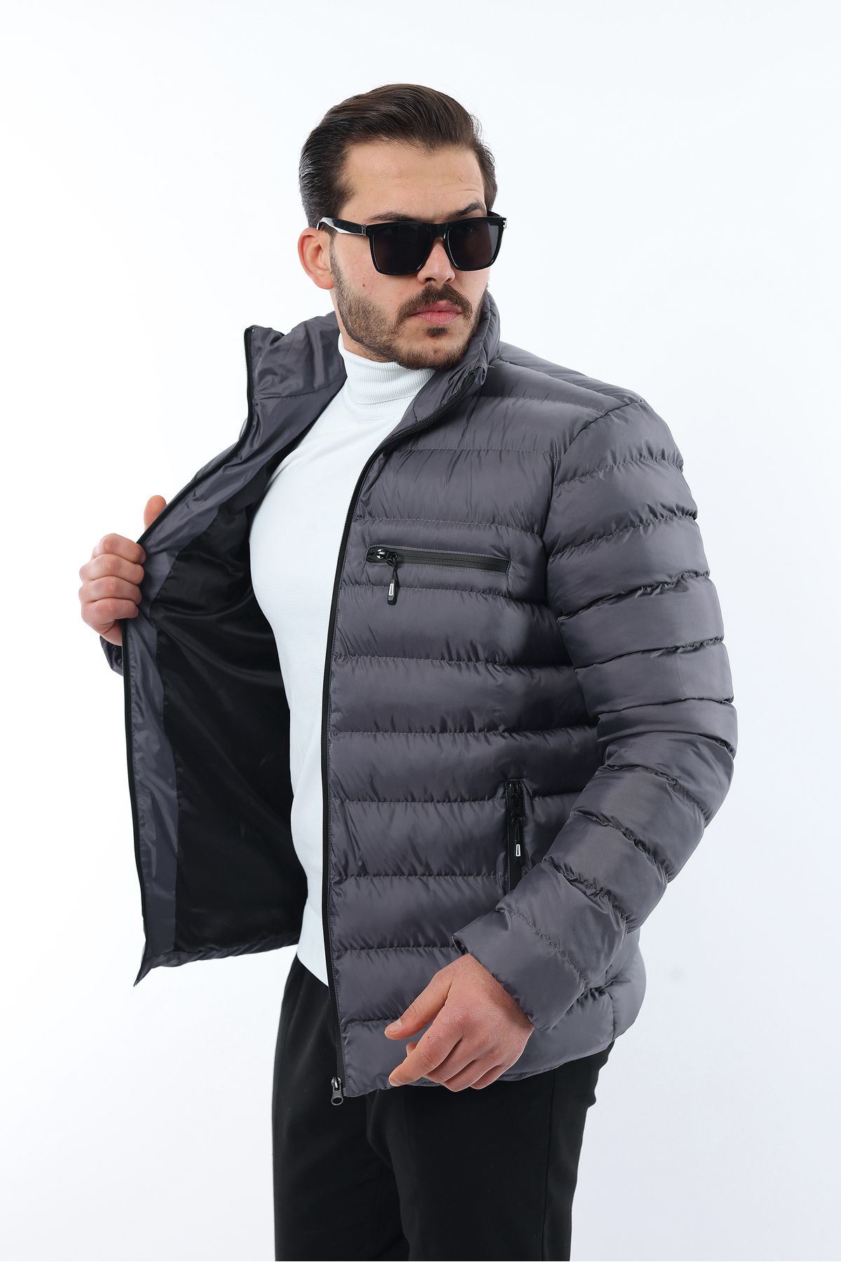 Erkek Trend Fermuarlı Şık Füme Şişme Mont