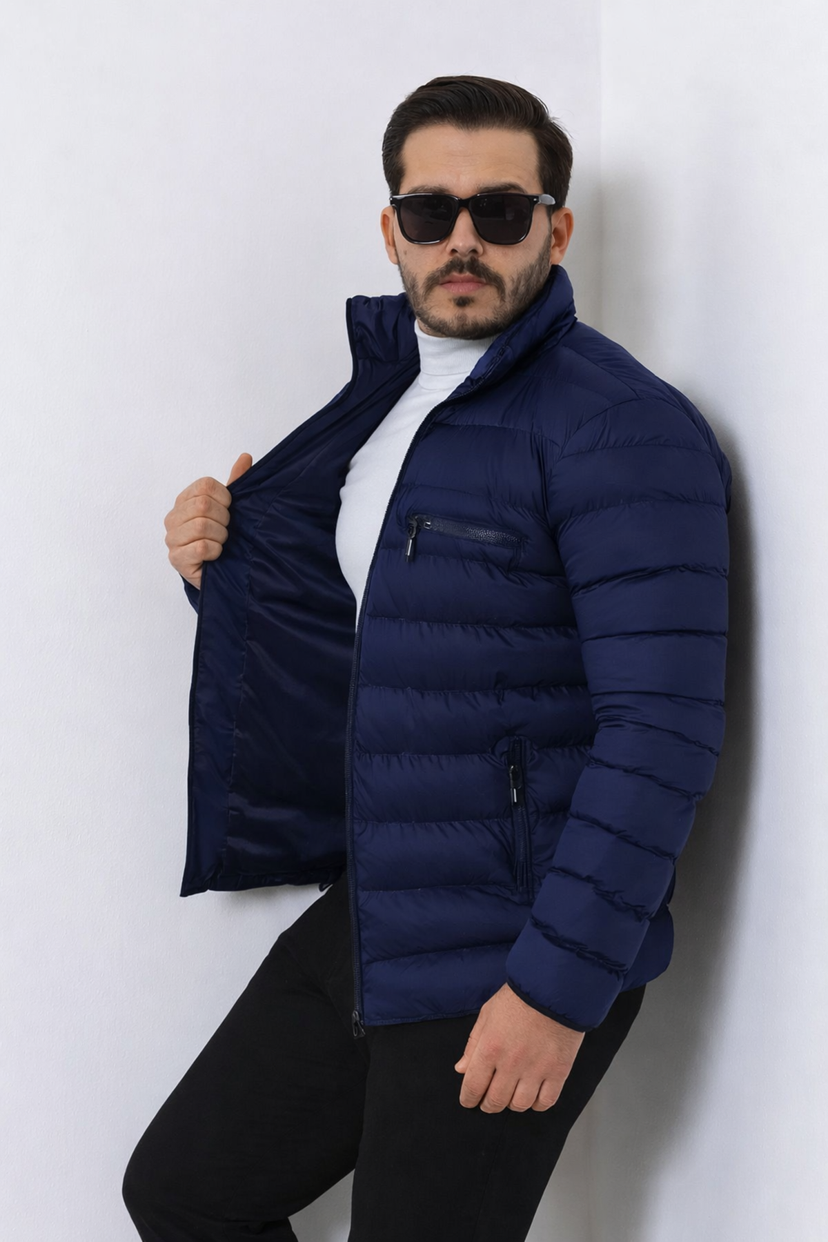 Erkek Trend Fermuarlı Şık Lacivert Şişme Mont