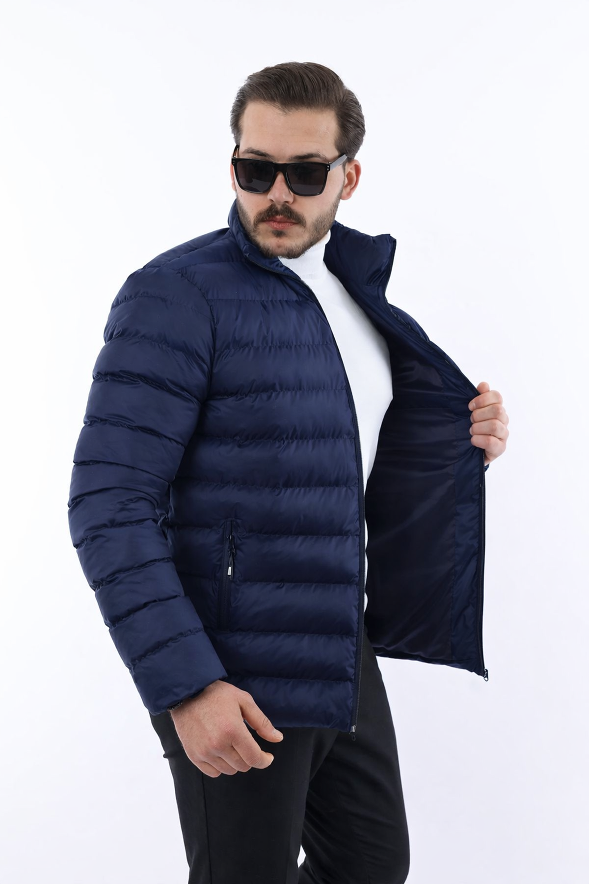 Erkek Trend Fermuarlı Şık Lacivert Şişme Mont