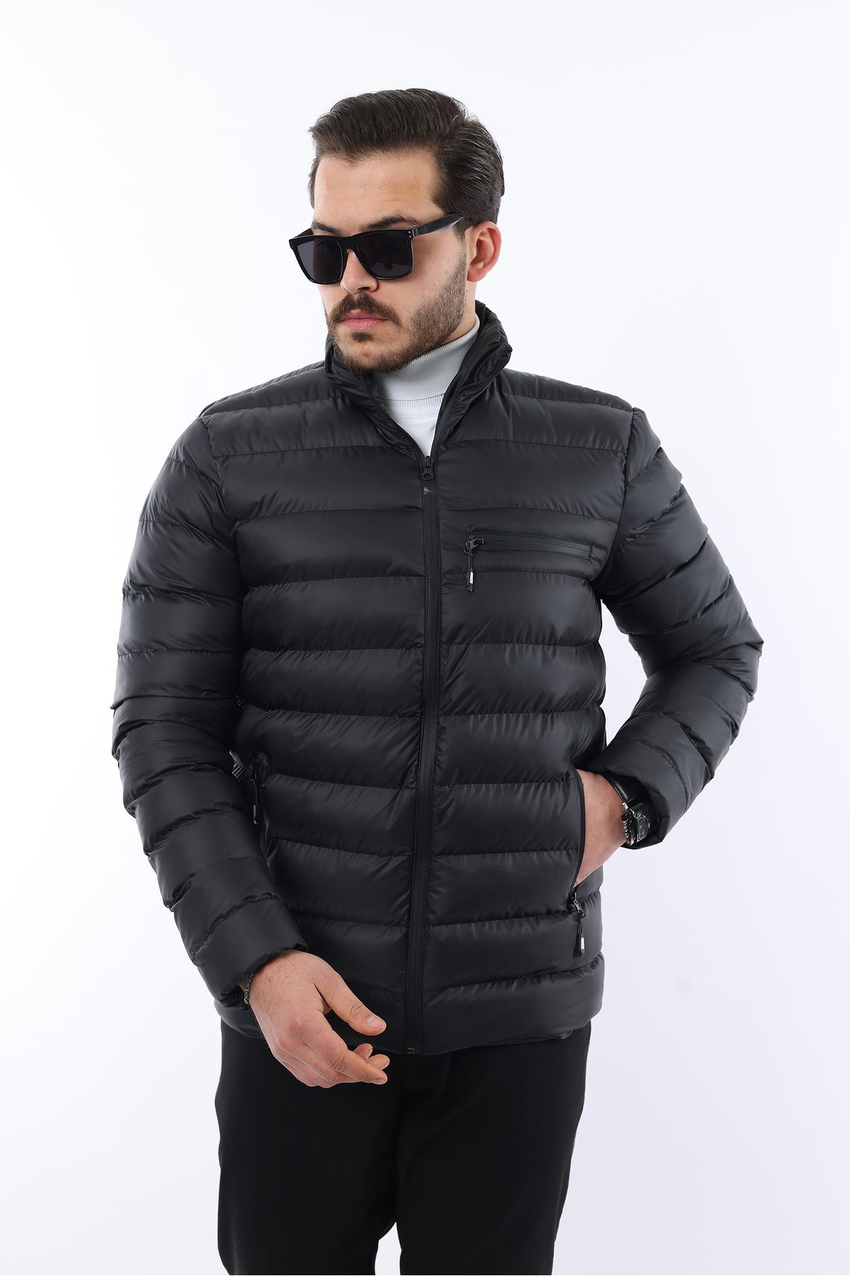 Erkek Trend Fermuarlı Şık Siyah Şişme Mont