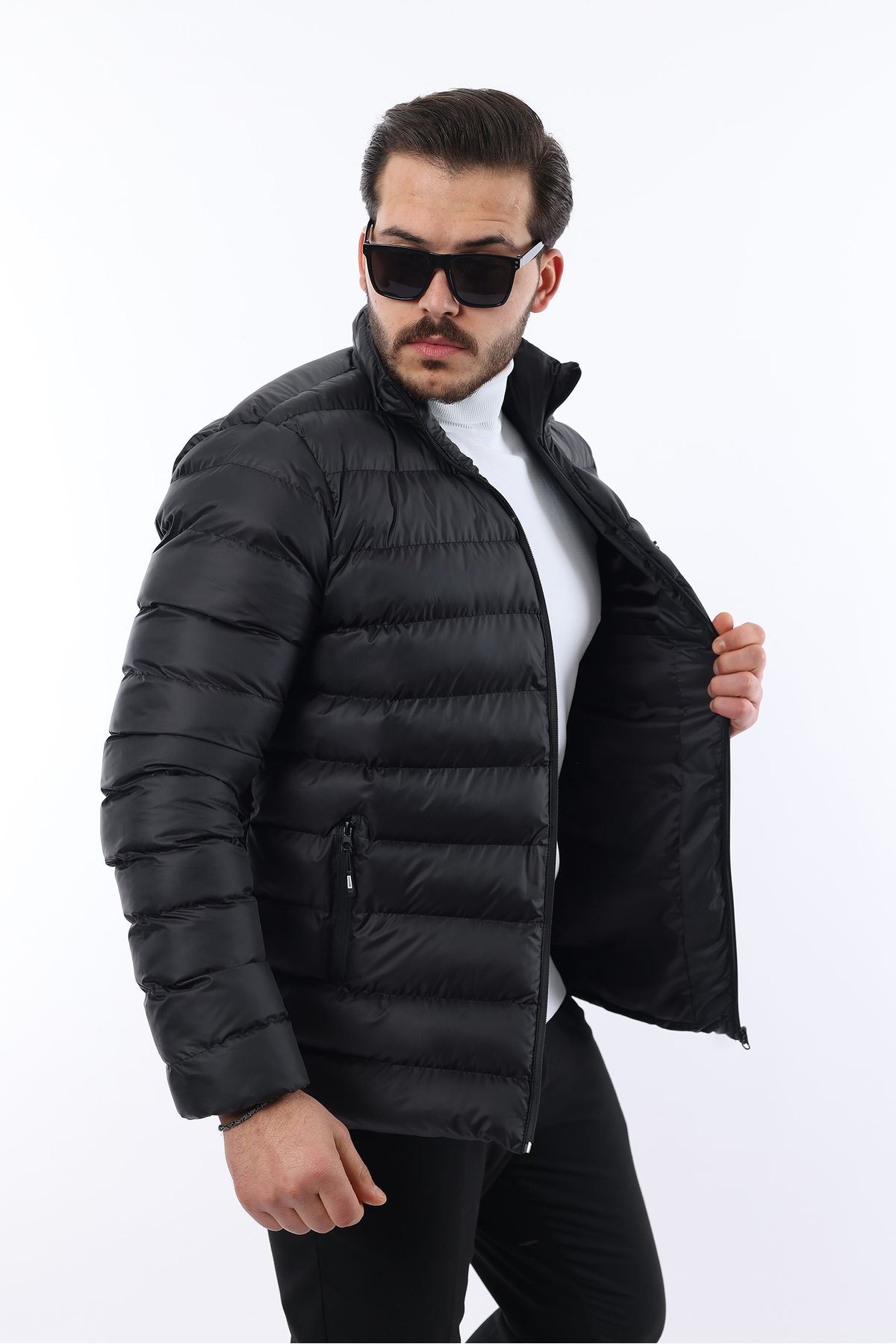 Erkek Trend Fermuarlı Şık Siyah Şişme Mont