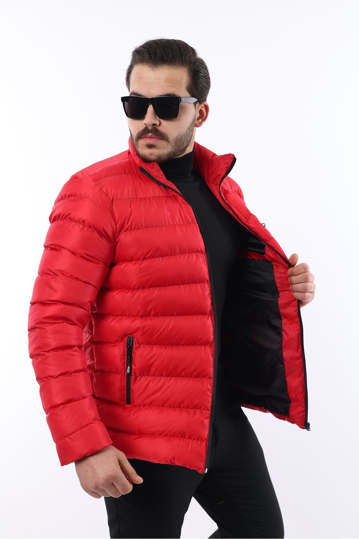 Erkek Trend Fermuarlı Şık Kırmızı Şişme Mont