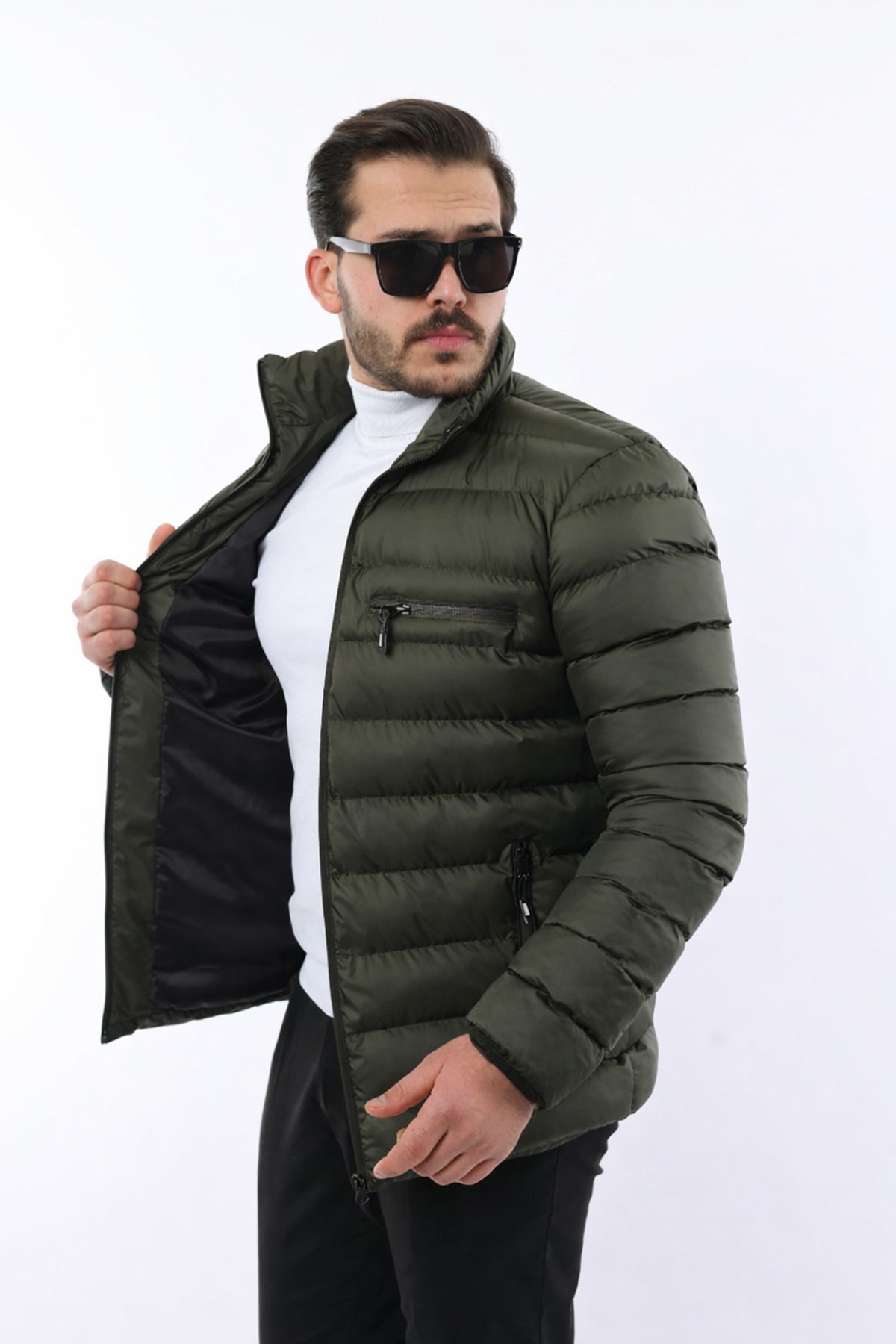 Erkek Trend Fermuarlı Şık Haki Şişme Mont