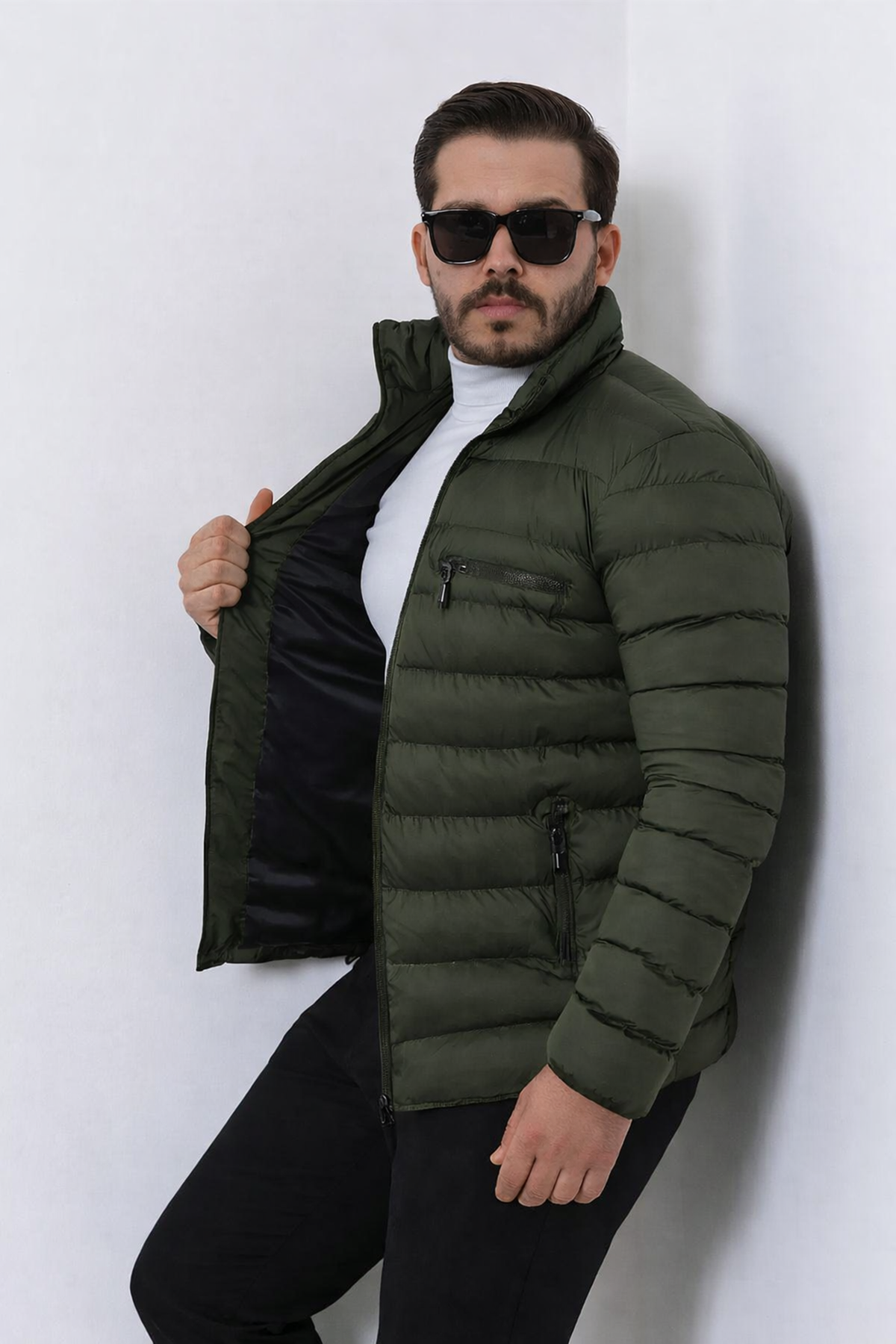 Erkek Trend Fermuarlı Şık Haki Şişme Mont