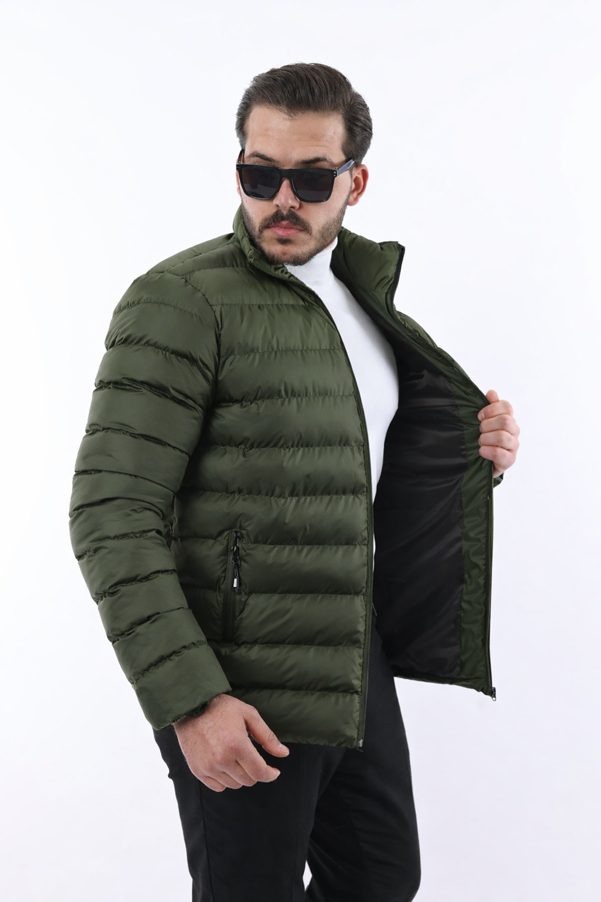 Erkek Trend Fermuarlı Şık Haki Şişme Mont