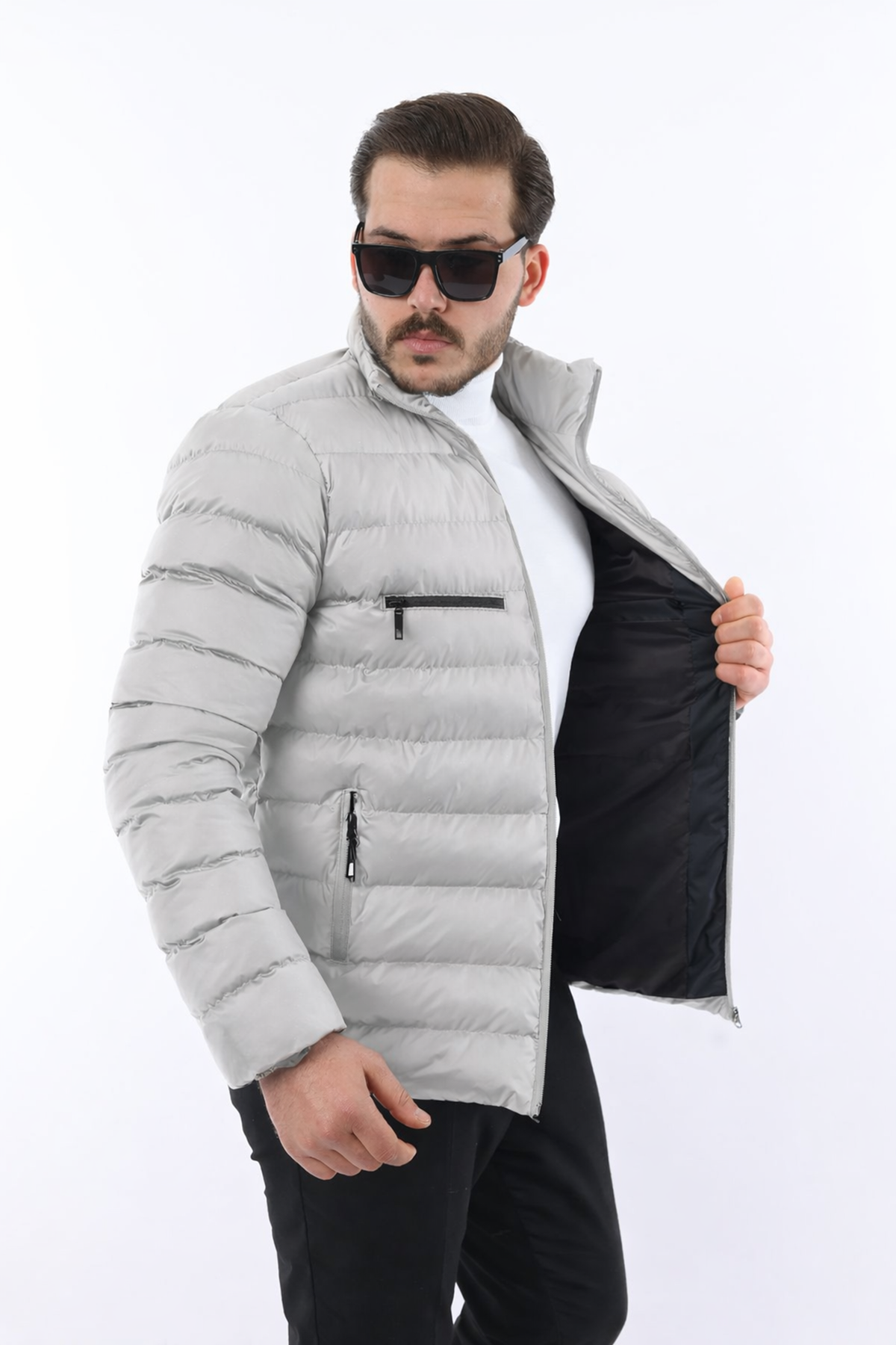 Erkek Trend Fermuarlı Şık Gri Şişme Mont