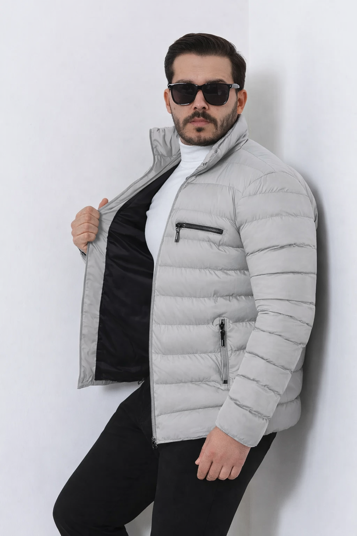 Erkek Trend Fermuarlı Şık Gri Şişme Mont