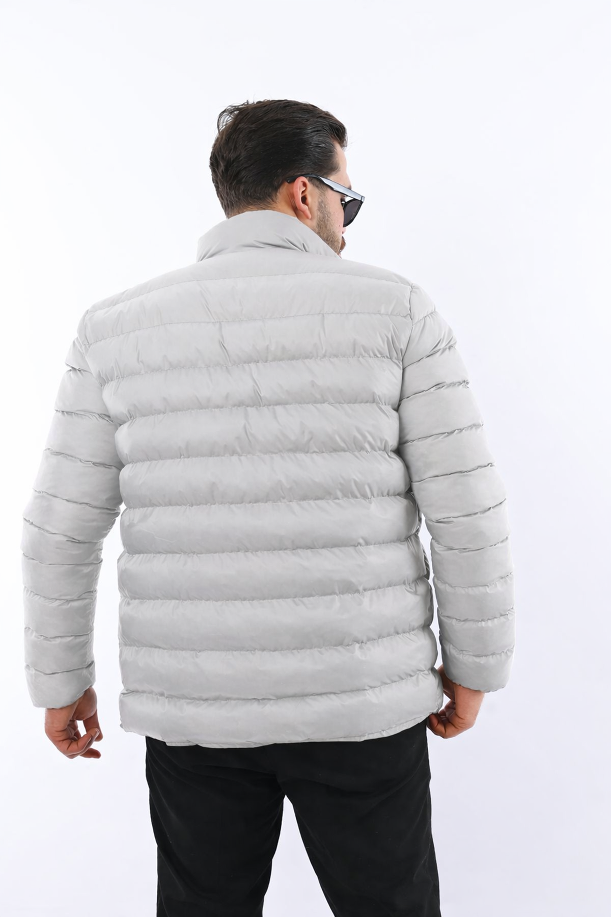 Erkek Trend Fermuarlı Şık Gri Şişme Mont