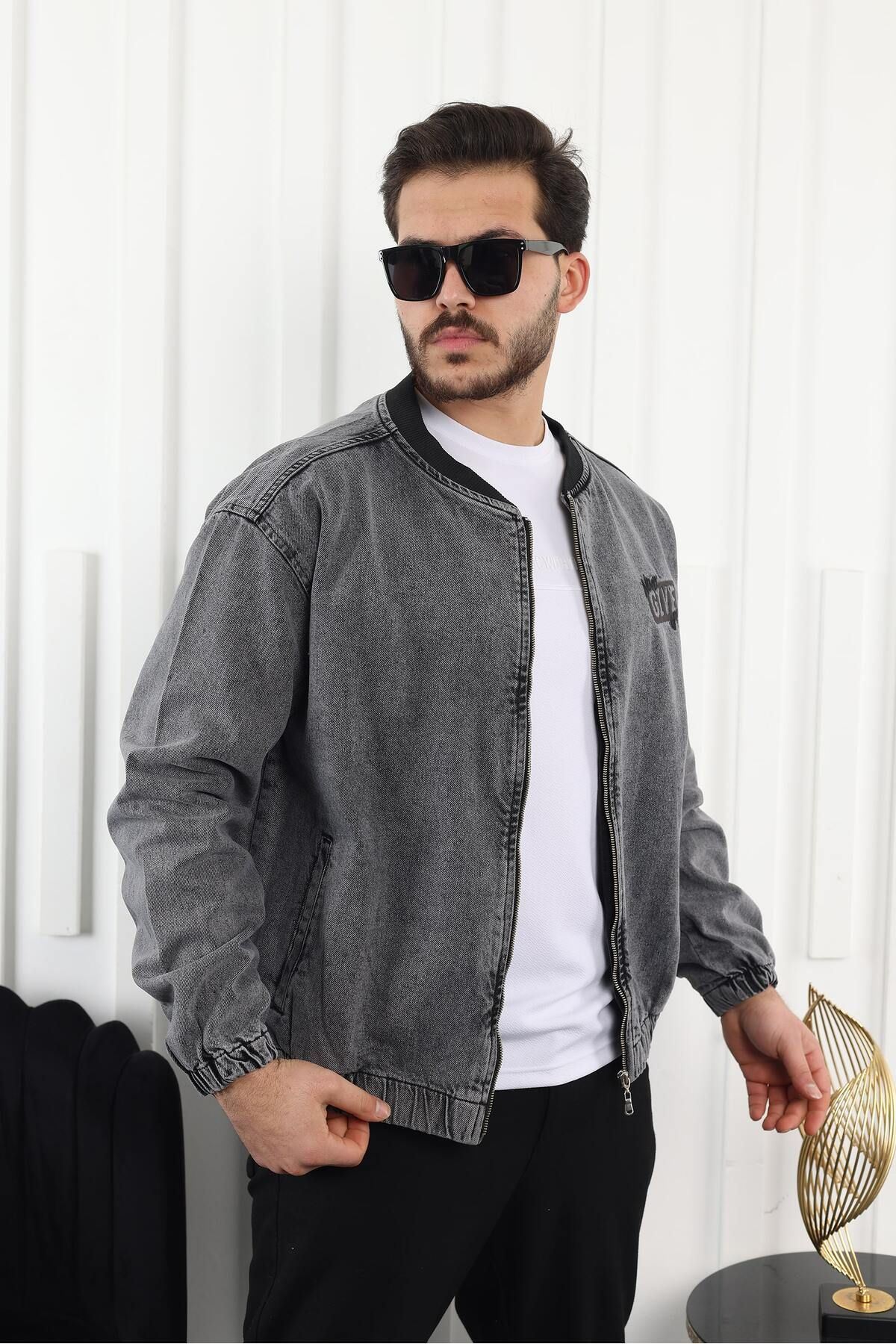 Erkek Oversize Günlük Bomber Jean Antrasit Fermuarlı Kot Ceket
