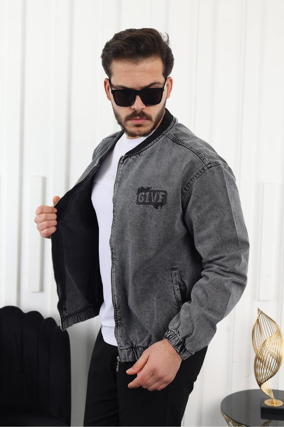 Erkek Oversize Günlük Bomber Jean Antrasit Fermuarlı Kot Ceket