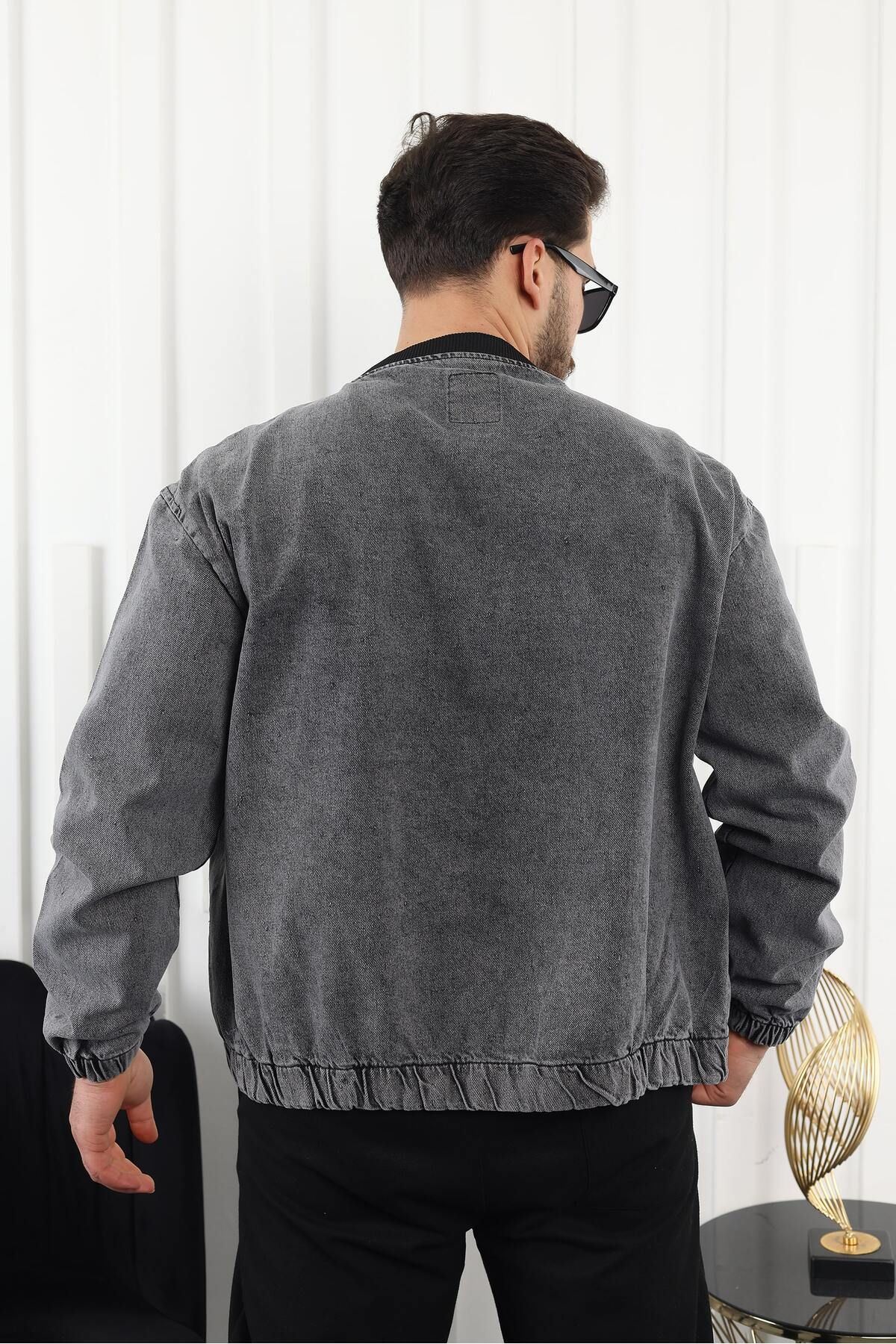 Erkek Oversize Günlük Bomber Jean Antrasit Fermuarlı Kot Ceket