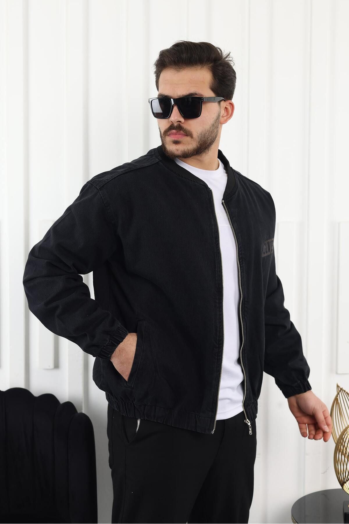 Erkek Oversize Günlük Bomber Jean Siyah Fermuarlı Kot Ceket