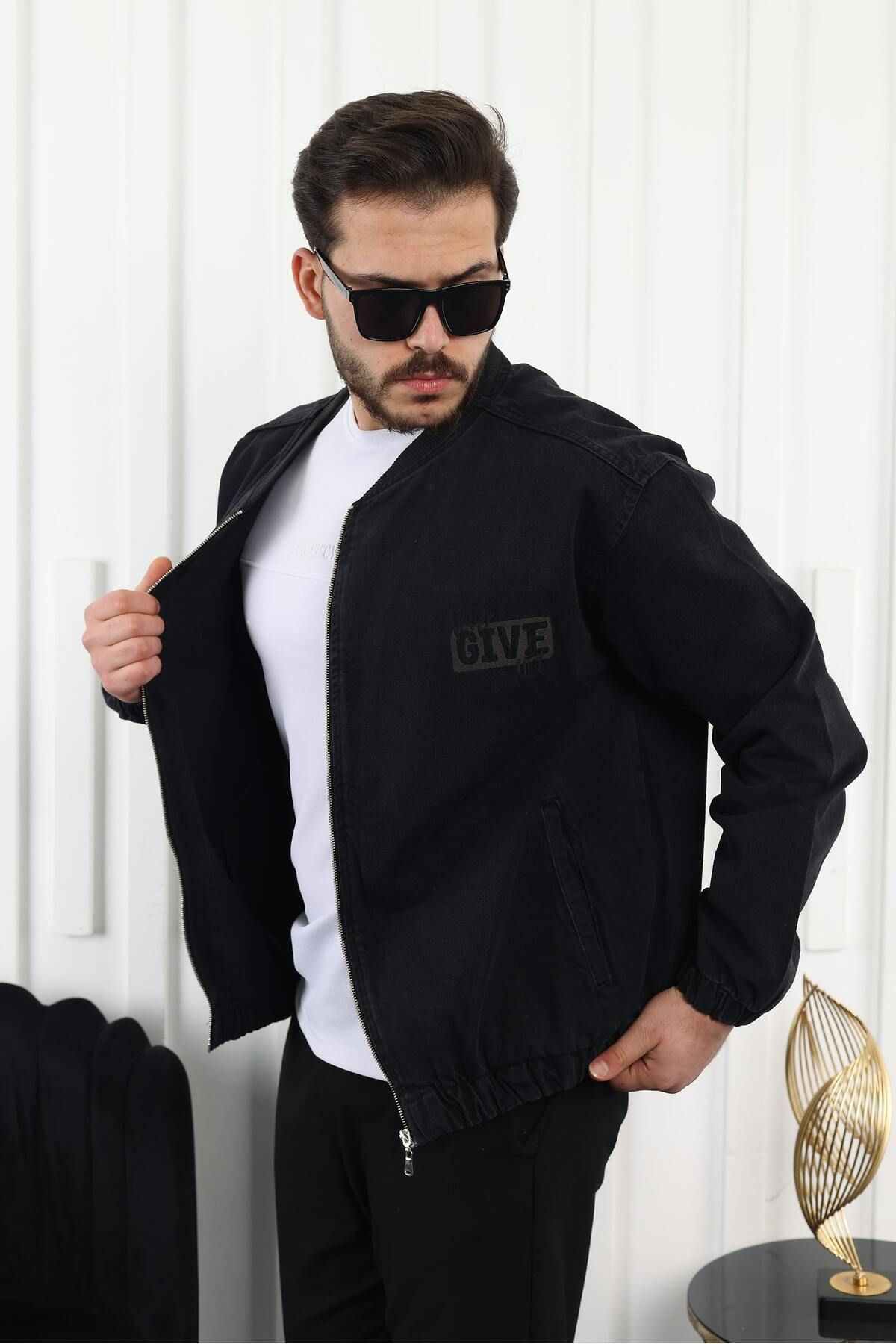 Erkek Oversize Günlük Bomber Jean Siyah Fermuarlı Kot Ceket