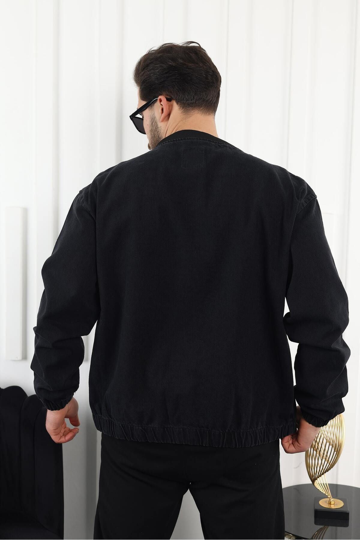 Erkek Oversize Günlük Bomber Jean Siyah Fermuarlı Kot Ceket