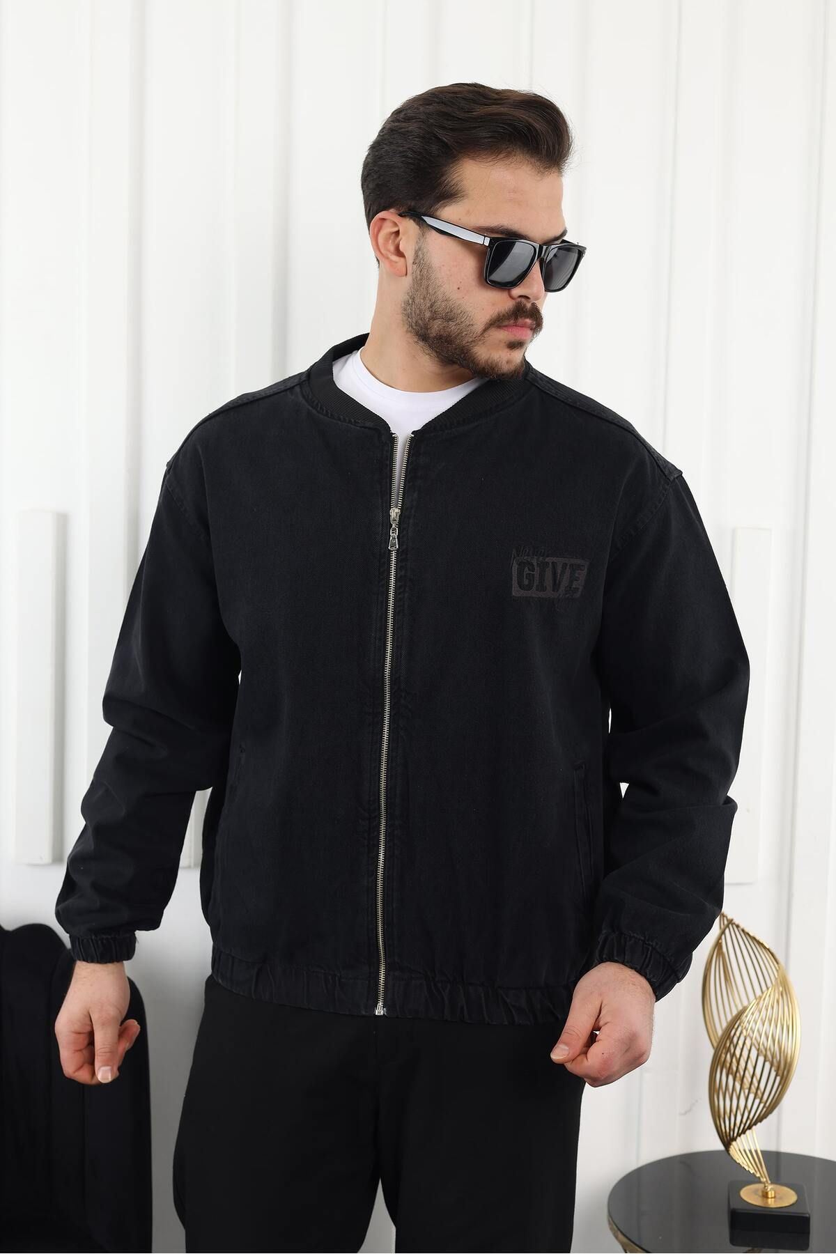 Erkek Oversize Günlük Bomber Jean Siyah Fermuarlı Kot Ceket
