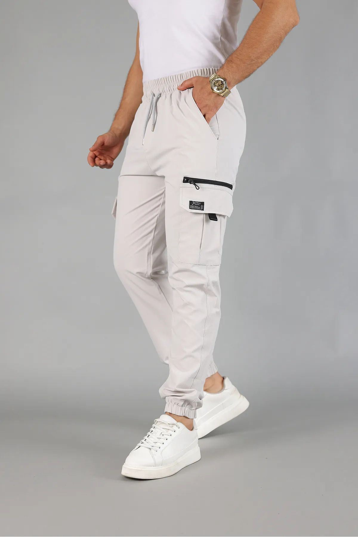 Erkek Kargo Cepli Fermuar Detaylı Jogger Gri Paraşüt Pantolon