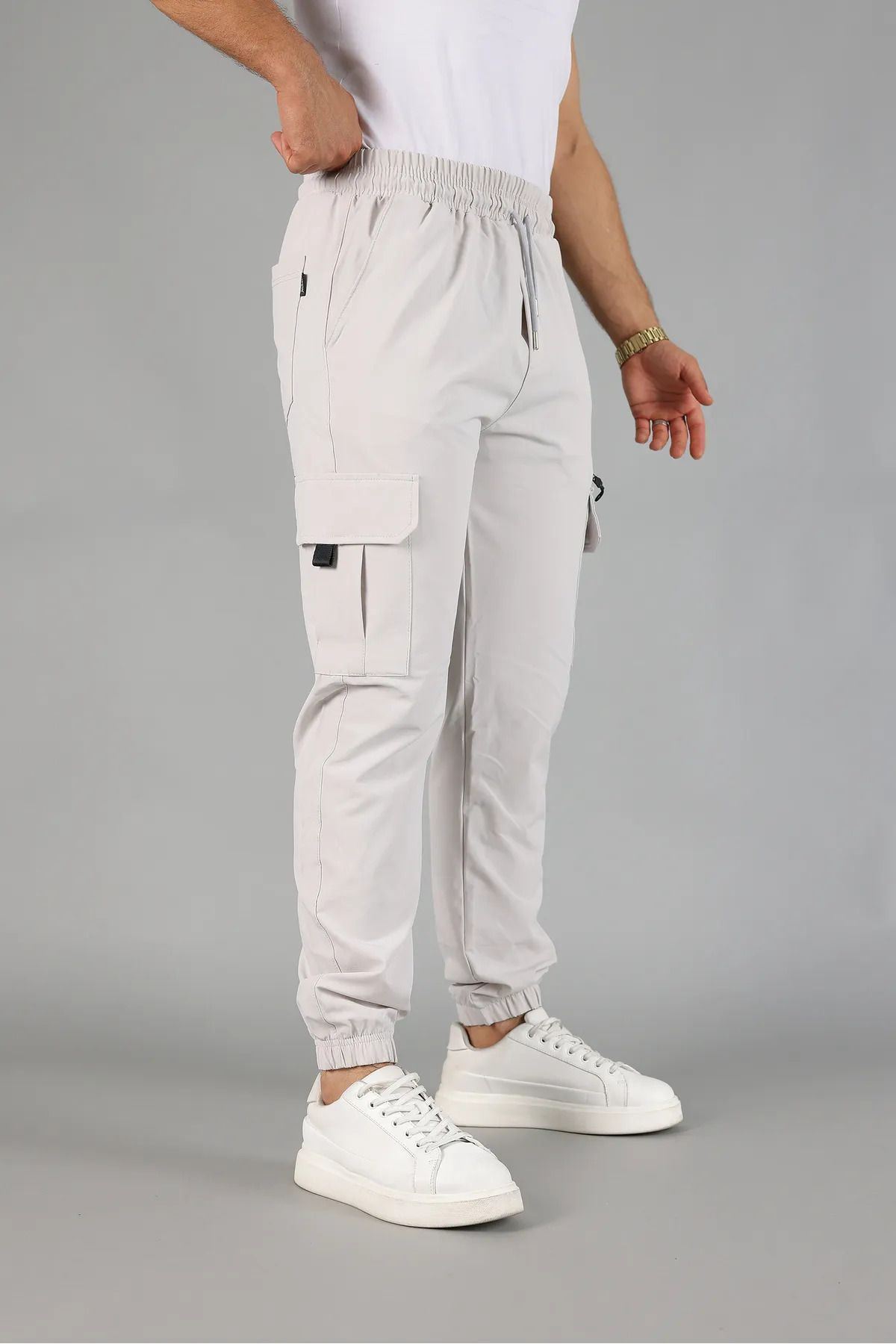 Erkek Kargo Cepli Fermuar Detaylı Jogger Gri Paraşüt Pantolon