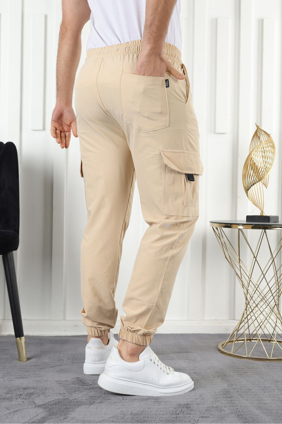 Erkek Kargo Cepli Fermuar Detaylı Jogger Bej Paraşüt Pantolon