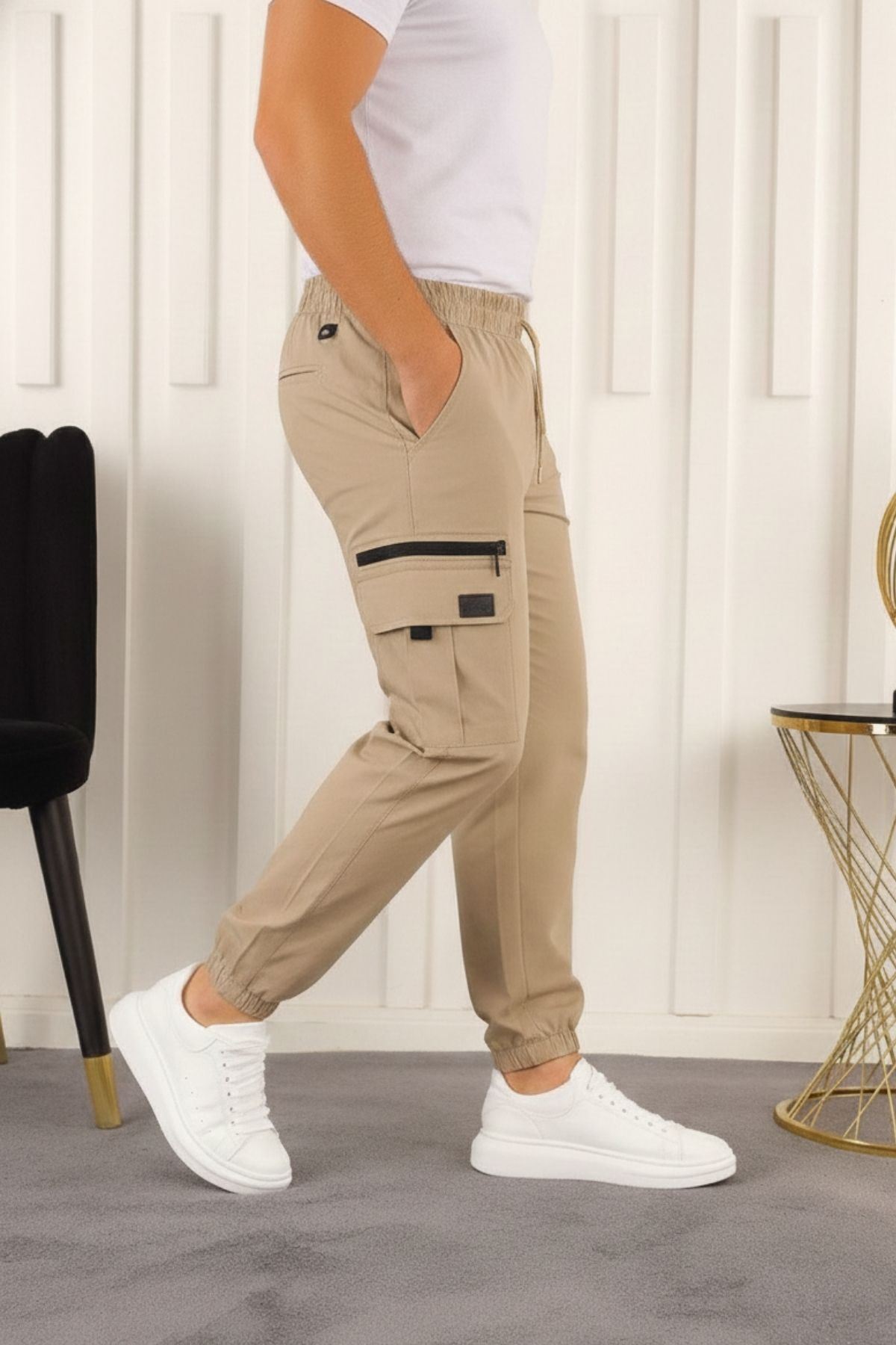 Erkek Kargo Cepli Fermuar Detaylı Jogger Krem Paraşüt Pantolon