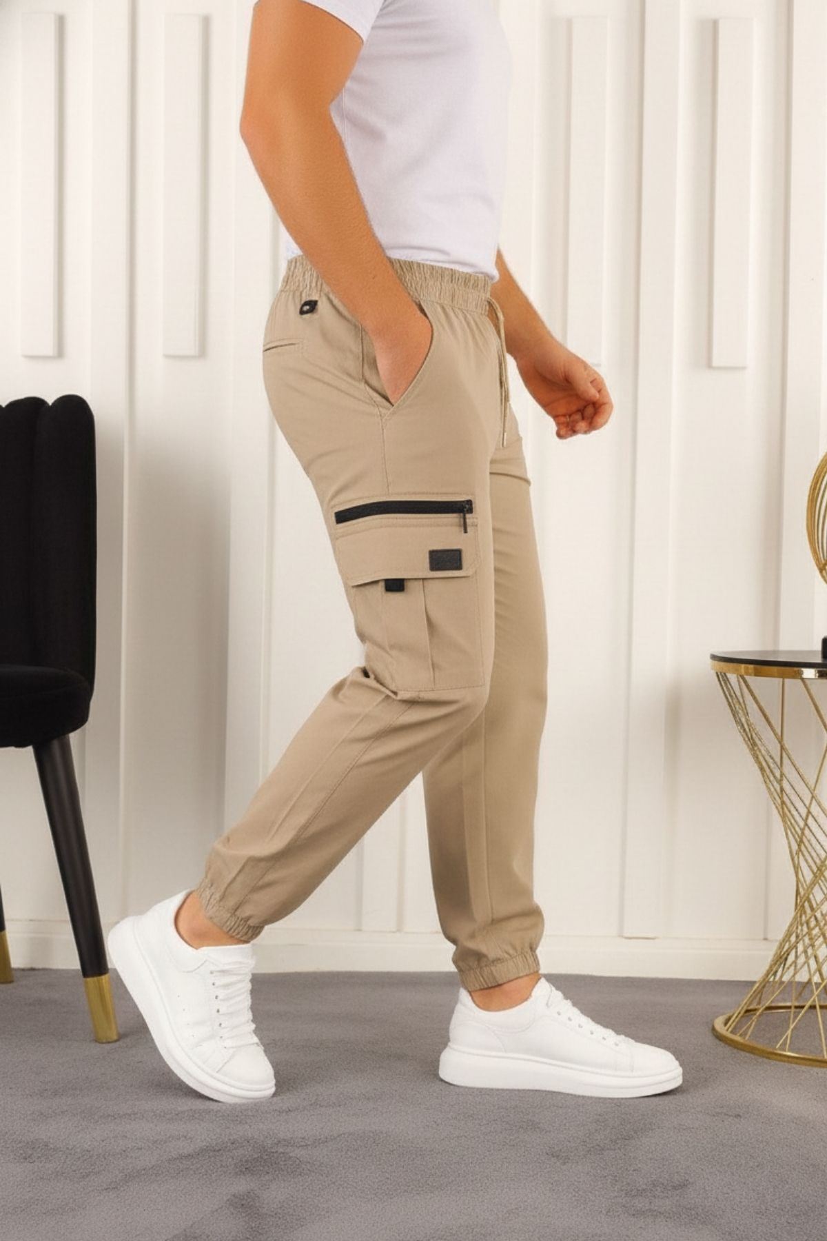 Erkek Kargo Cepli Fermuar Detaylı Jogger Krem Paraşüt Pantolon