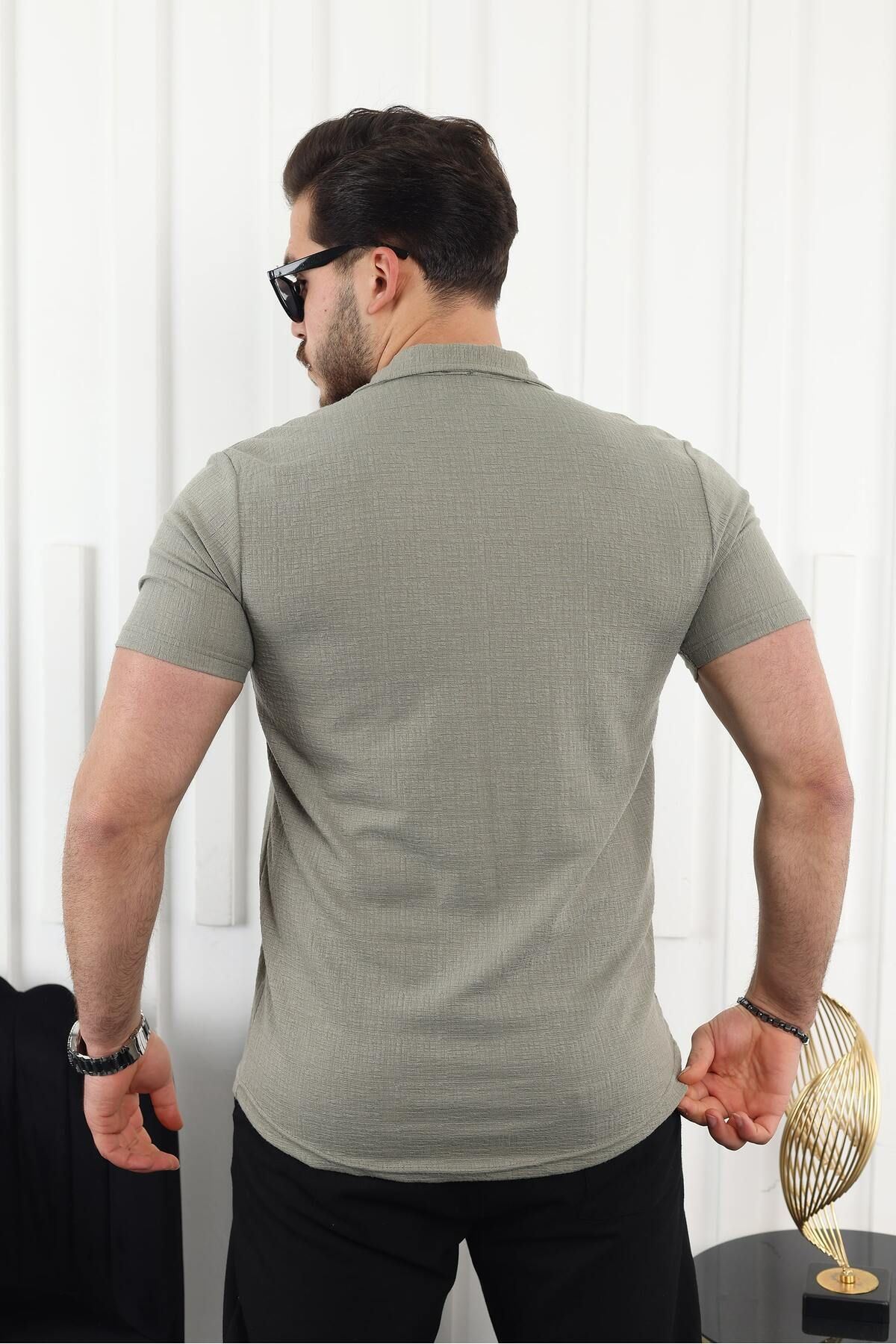 Erkek Kendinden Desenli Kısa Kol Yeşil Keten Gömlek