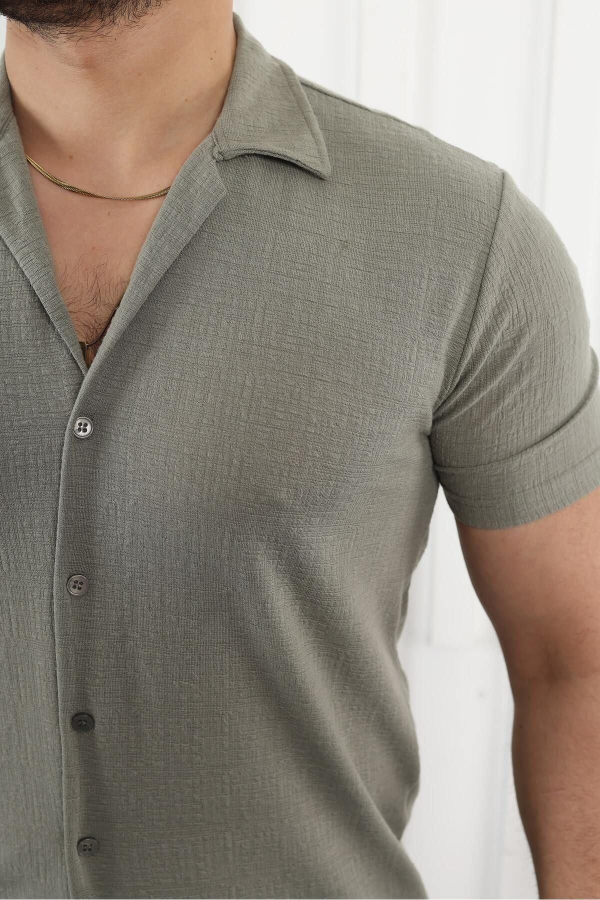 Erkek Kendinden Desenli Kısa Kol Yeşil Keten Gömlek