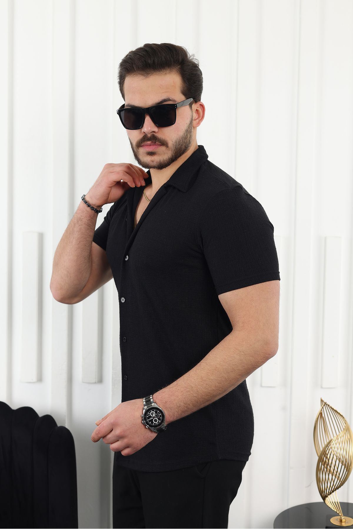 Erkek Kendinden Desenli Kısa Kol Siyah Keten Gömlek