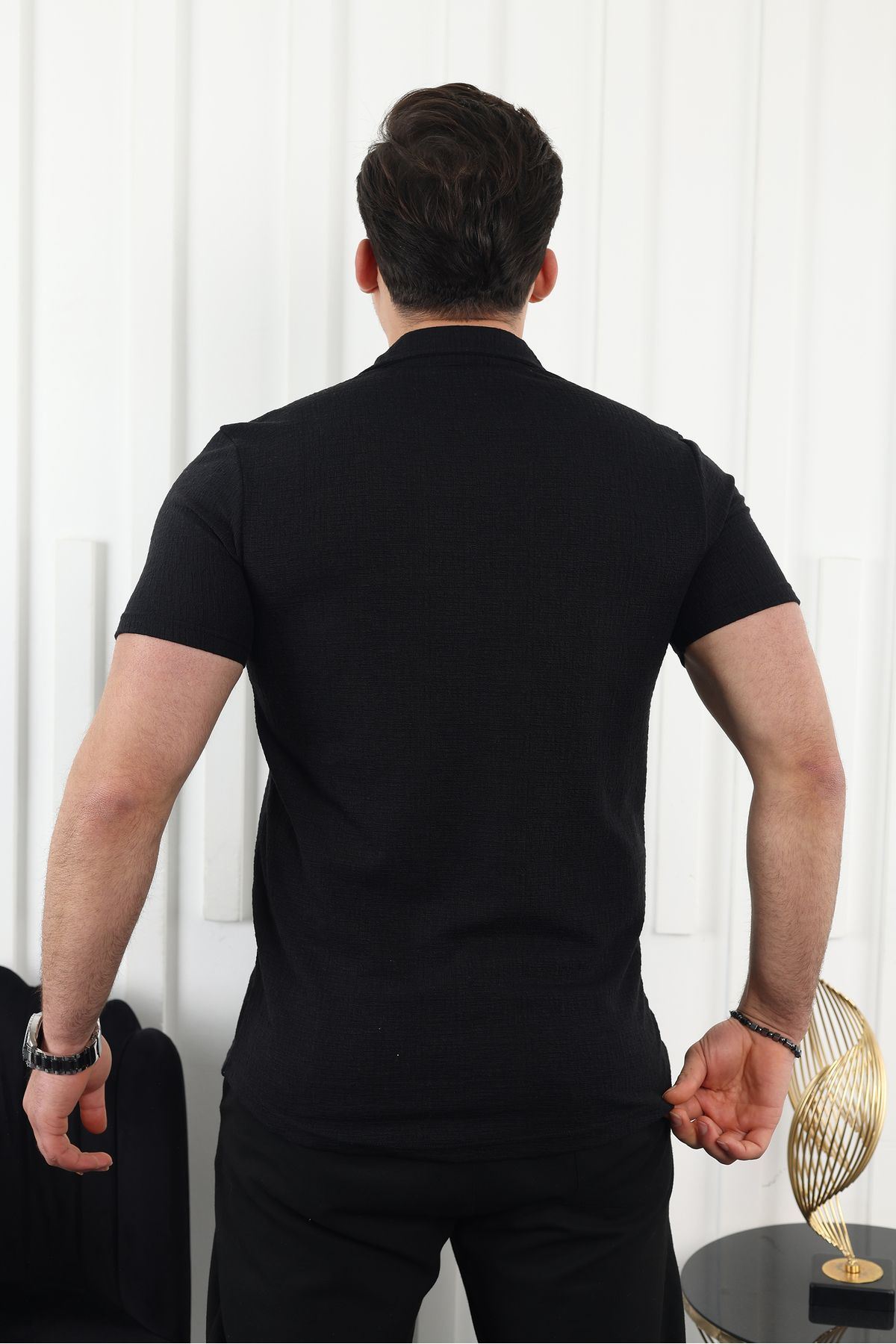 Erkek Kendinden Desenli Kısa Kol Siyah Keten Gömlek