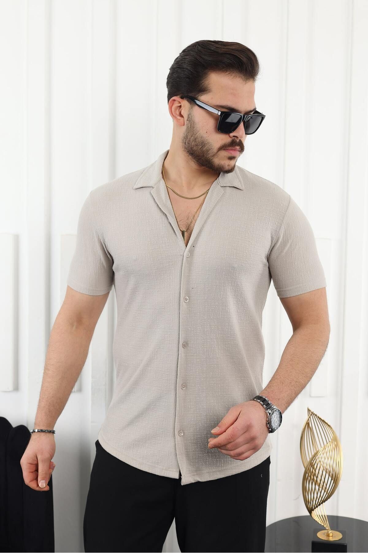 Erkek Kendinden Desenli Kısa Kol Taş Keten Gömlek