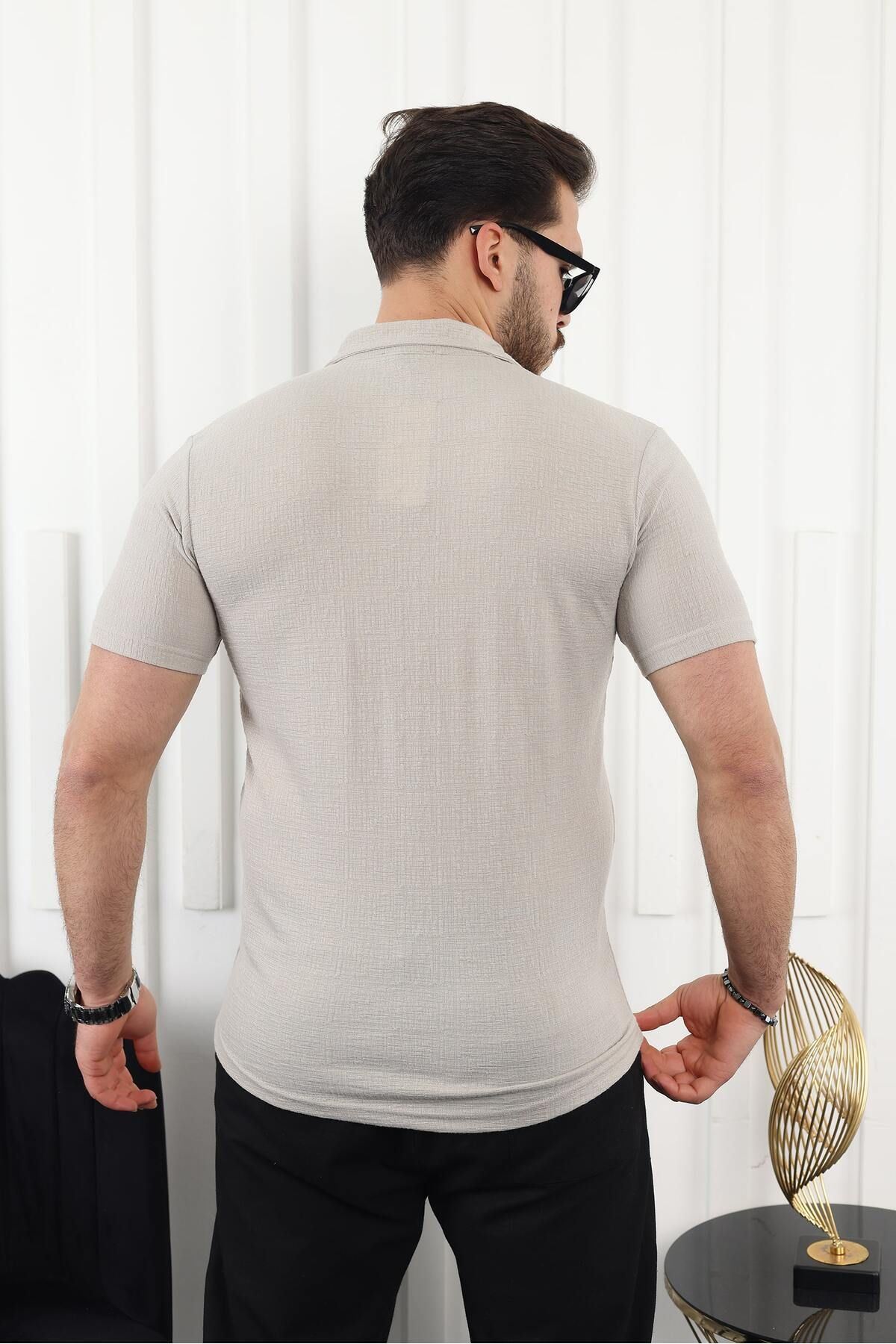 Erkek Kendinden Desenli Kısa Kol Taş Keten Gömlek