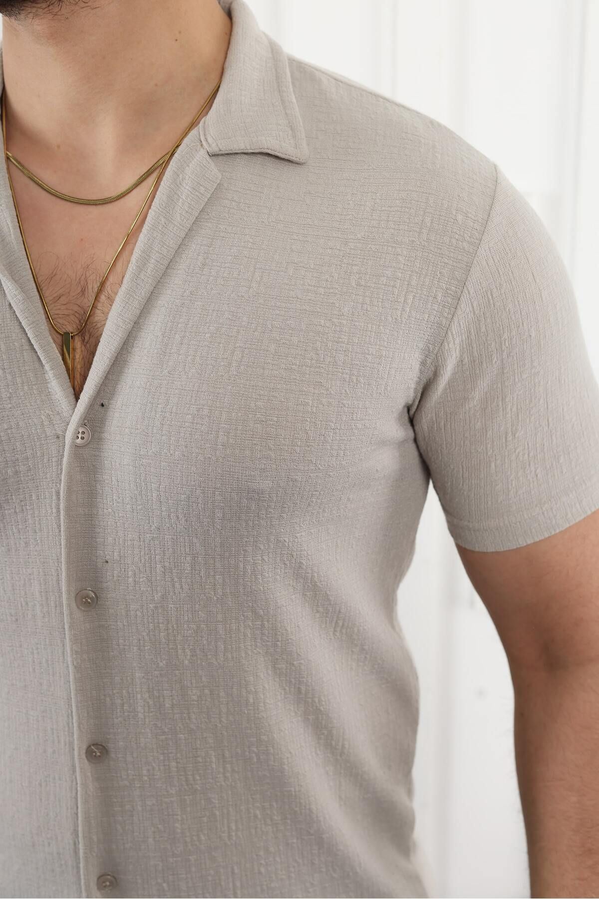 Erkek Kendinden Desenli Kısa Kol Taş Keten Gömlek