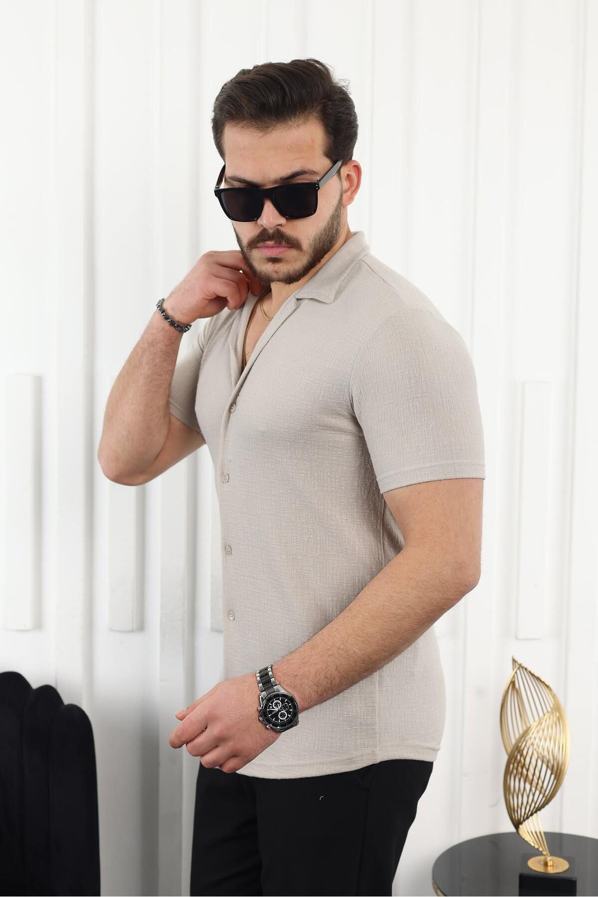 Erkek Kendinden Desenli Kısa Kol Taş Keten Gömlek