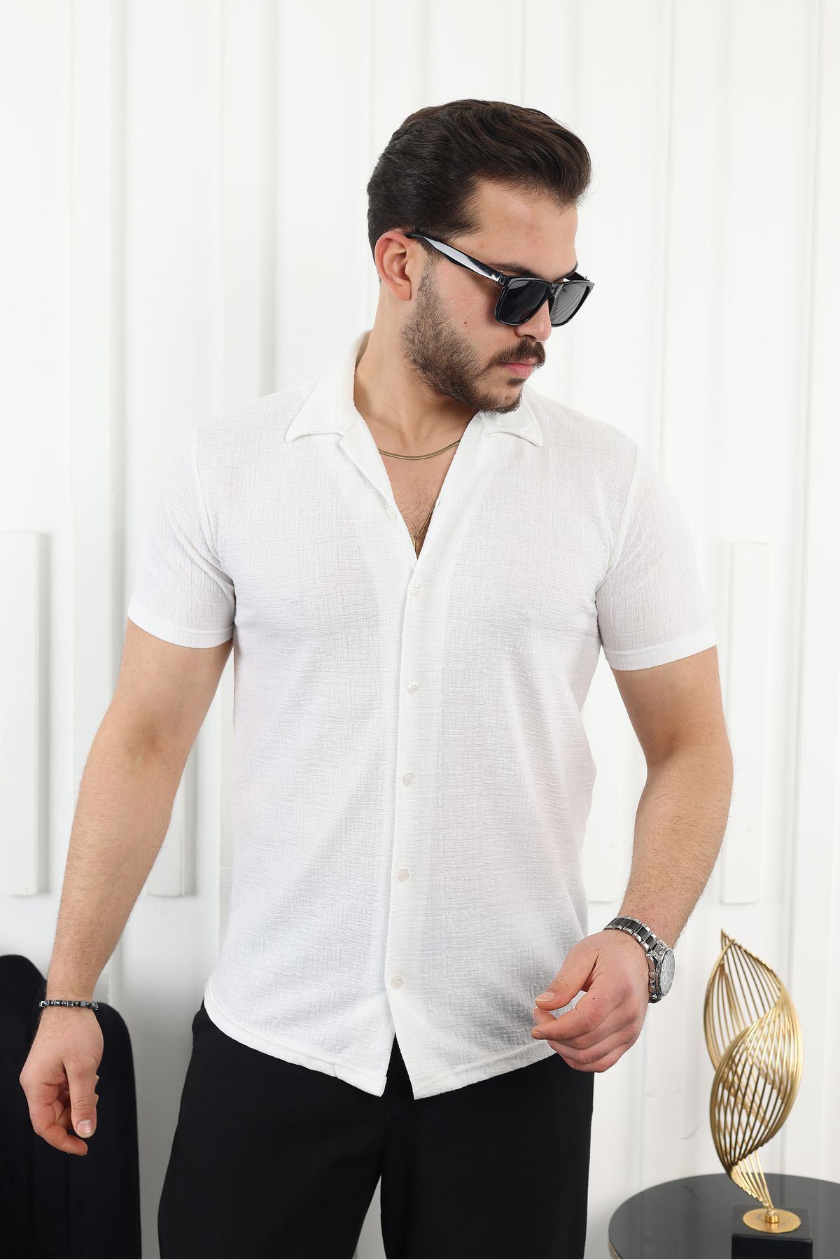 Erkek Kendinden Desenli Kısa Kol Beyaz Keten Gömlek