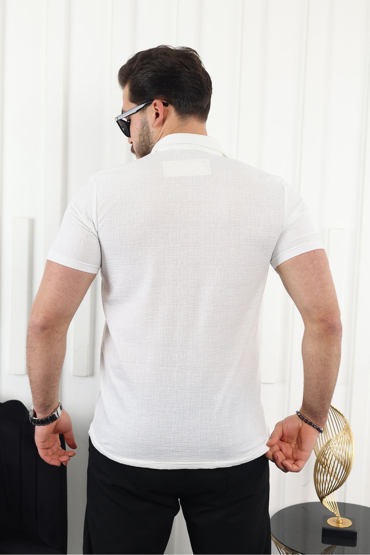 Erkek Kendinden Desenli Kısa Kol Beyaz Keten Gömlek