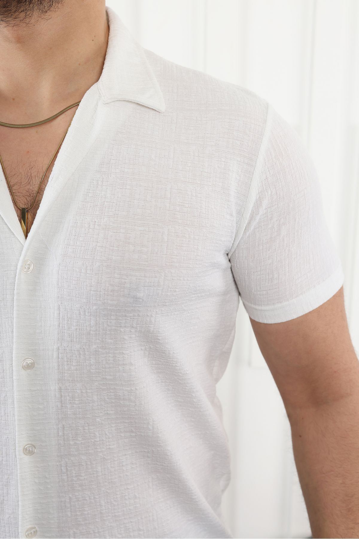 Erkek Kendinden Desenli Kısa Kol Beyaz Keten Gömlek