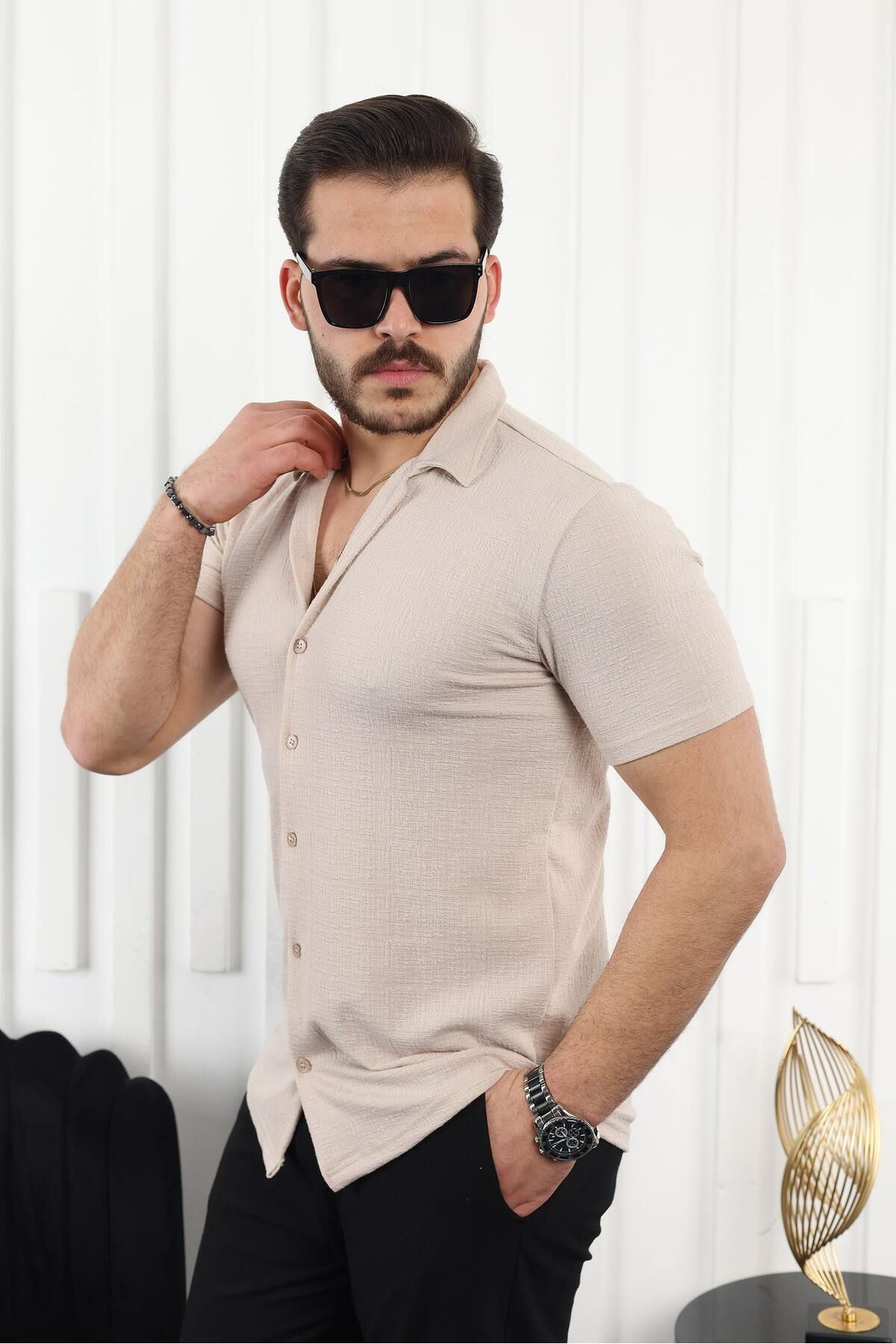 Erkek Kendinden Desenli Kısa Kol Krem Keten Gömlek