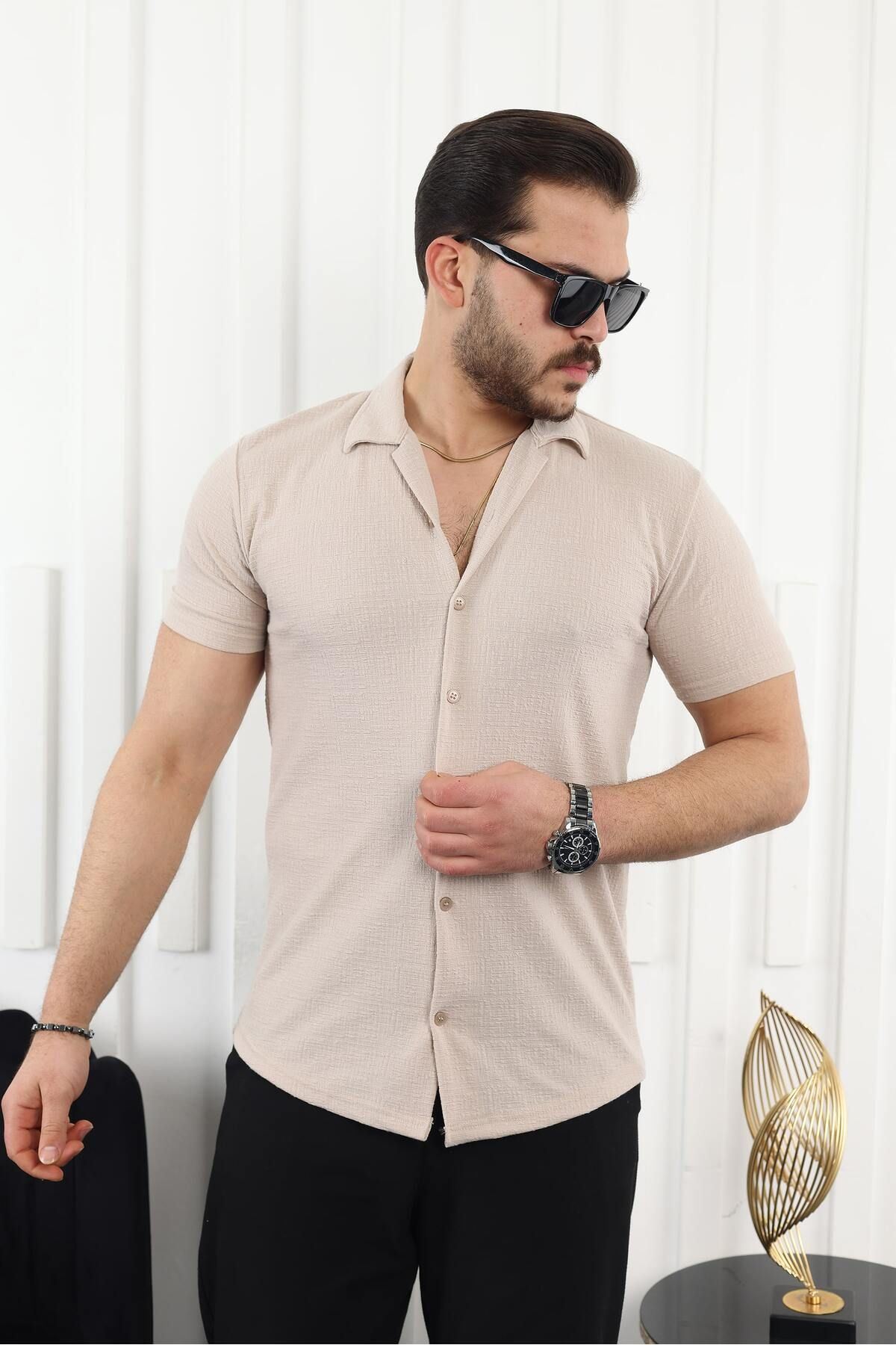 Erkek Kendinden Desenli Kısa Kol Krem Keten Gömlek