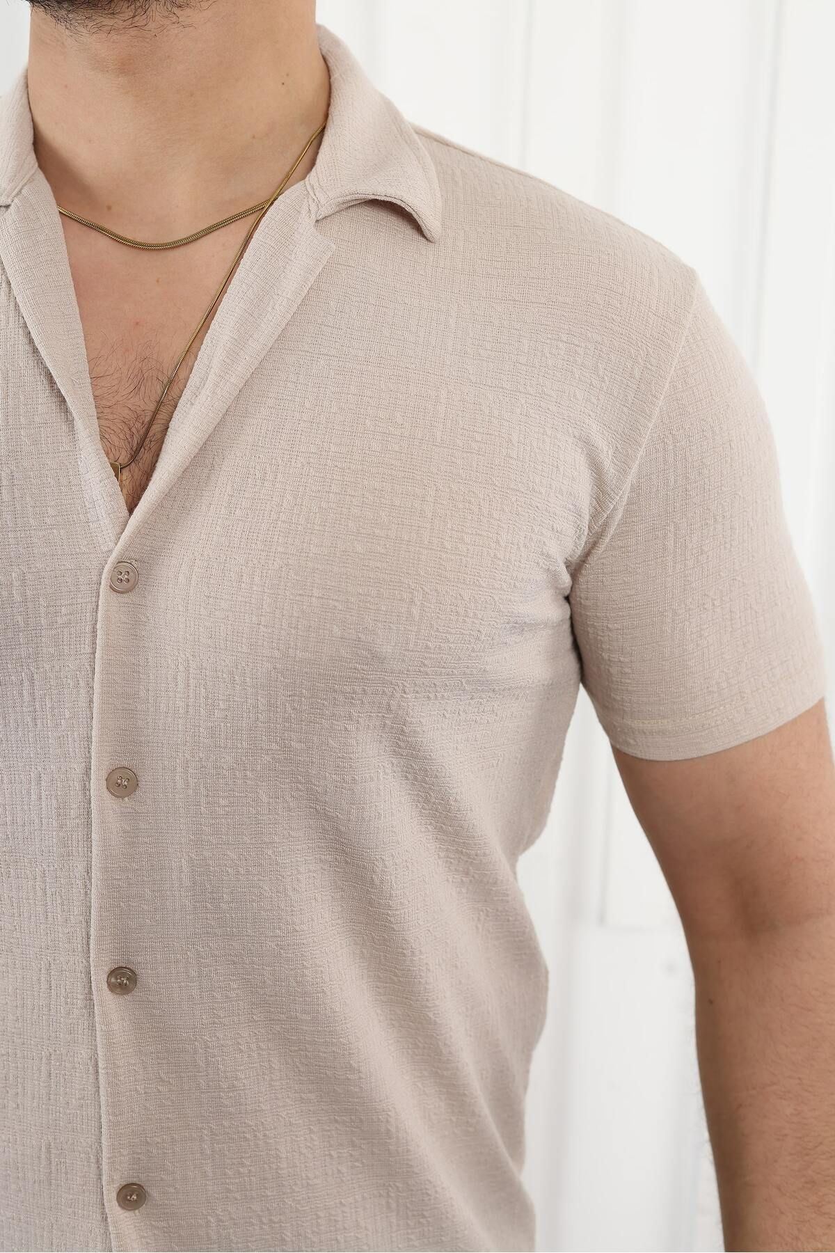 Erkek Kendinden Desenli Kısa Kol Krem Keten Gömlek