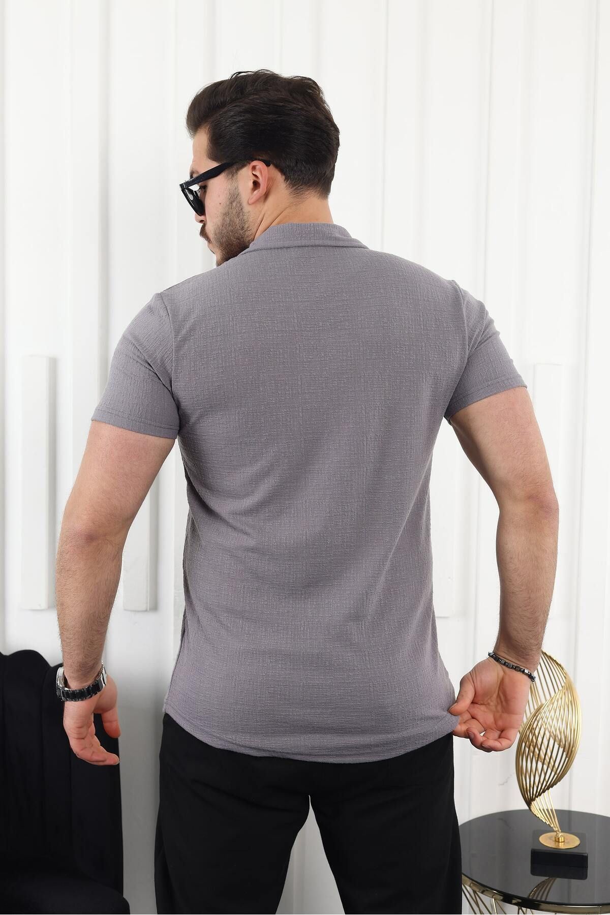 Erkek Kendinden Desenli Kısa Kol Füme Keten Gömlek