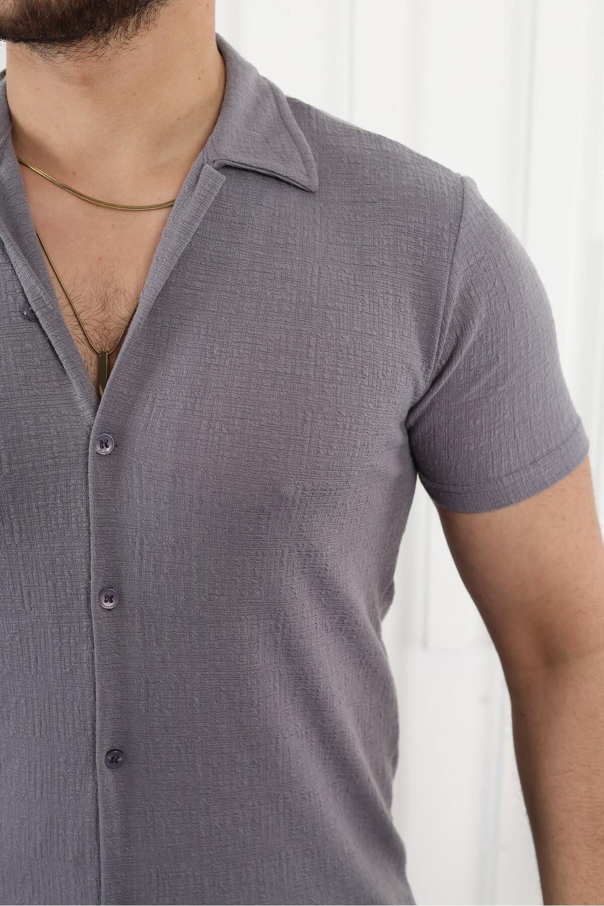 Erkek Kendinden Desenli Kısa Kol Füme Keten Gömlek